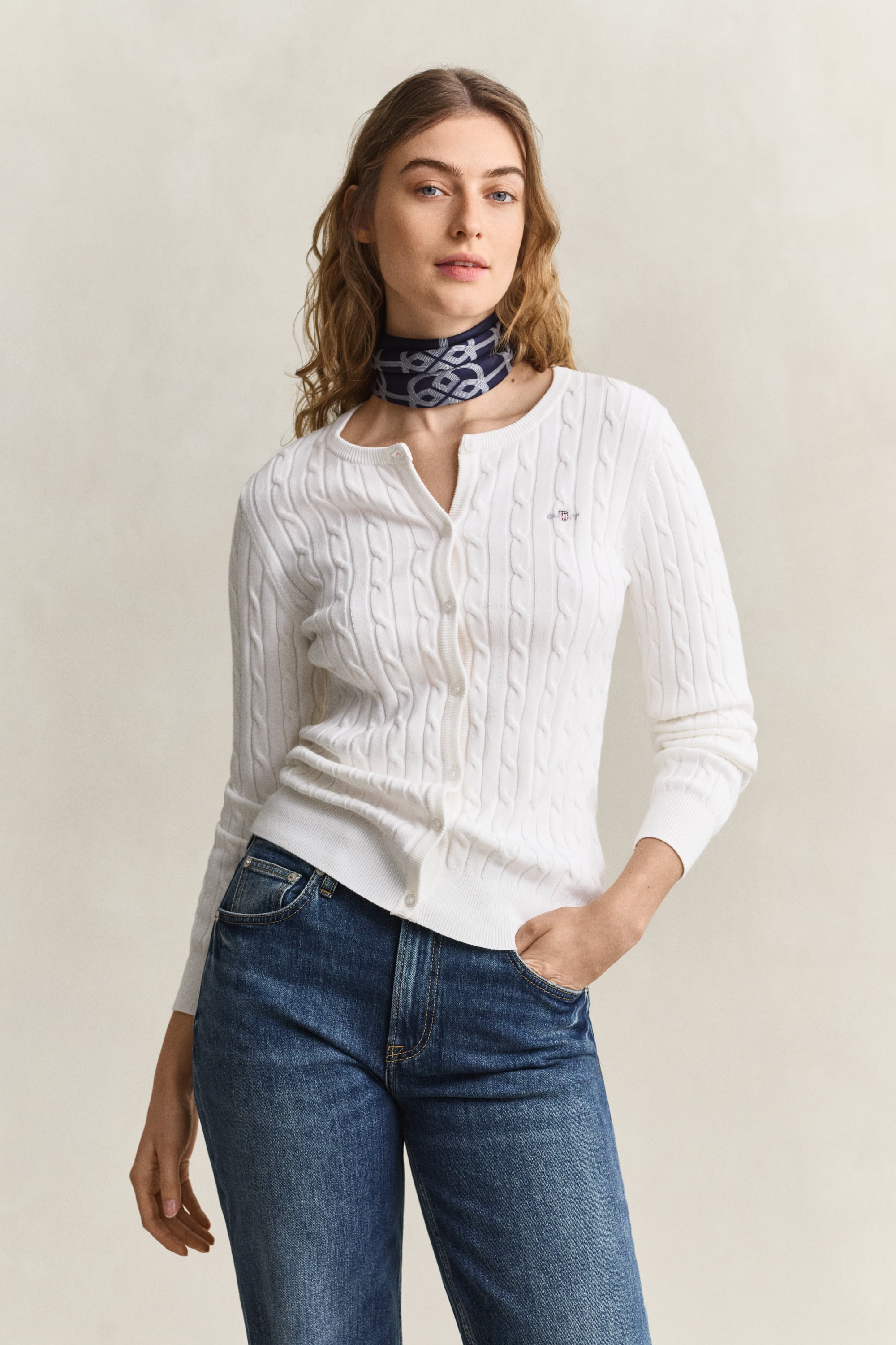 Gant Stretch Cotton Cable Knit Cardigan In White