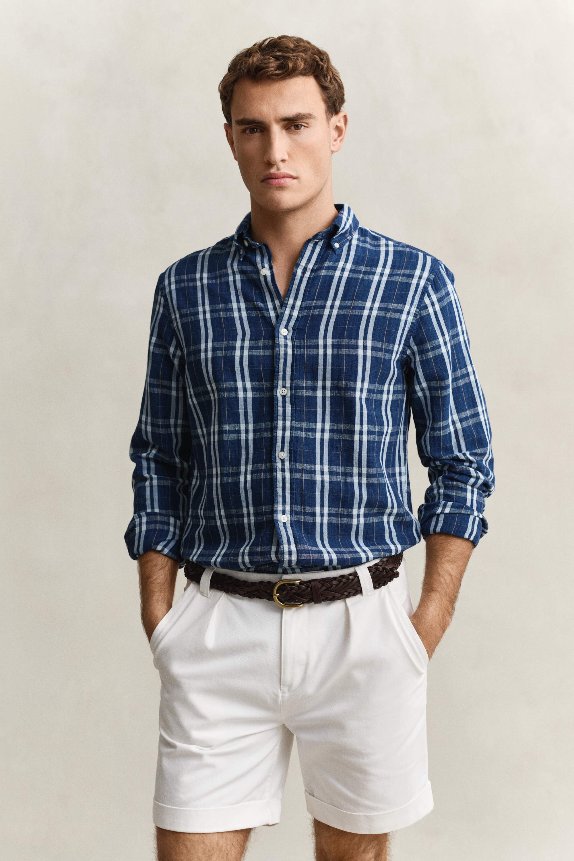 Gant Men's Light Blue Cotton Linen Checked Shirt (Xxl) Light Indigo