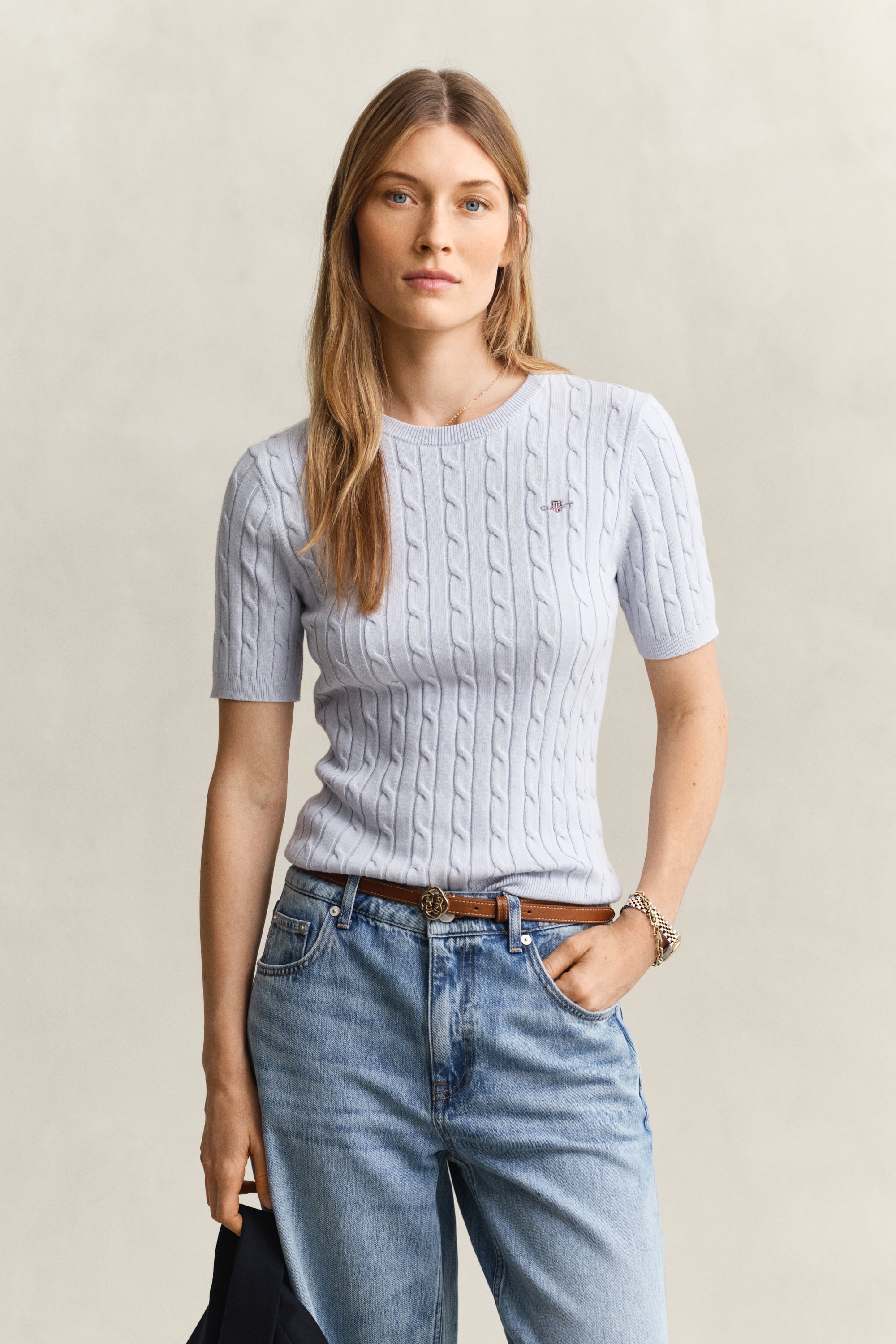 Gant Cable Knit Short Sleeve Sweater In Blue