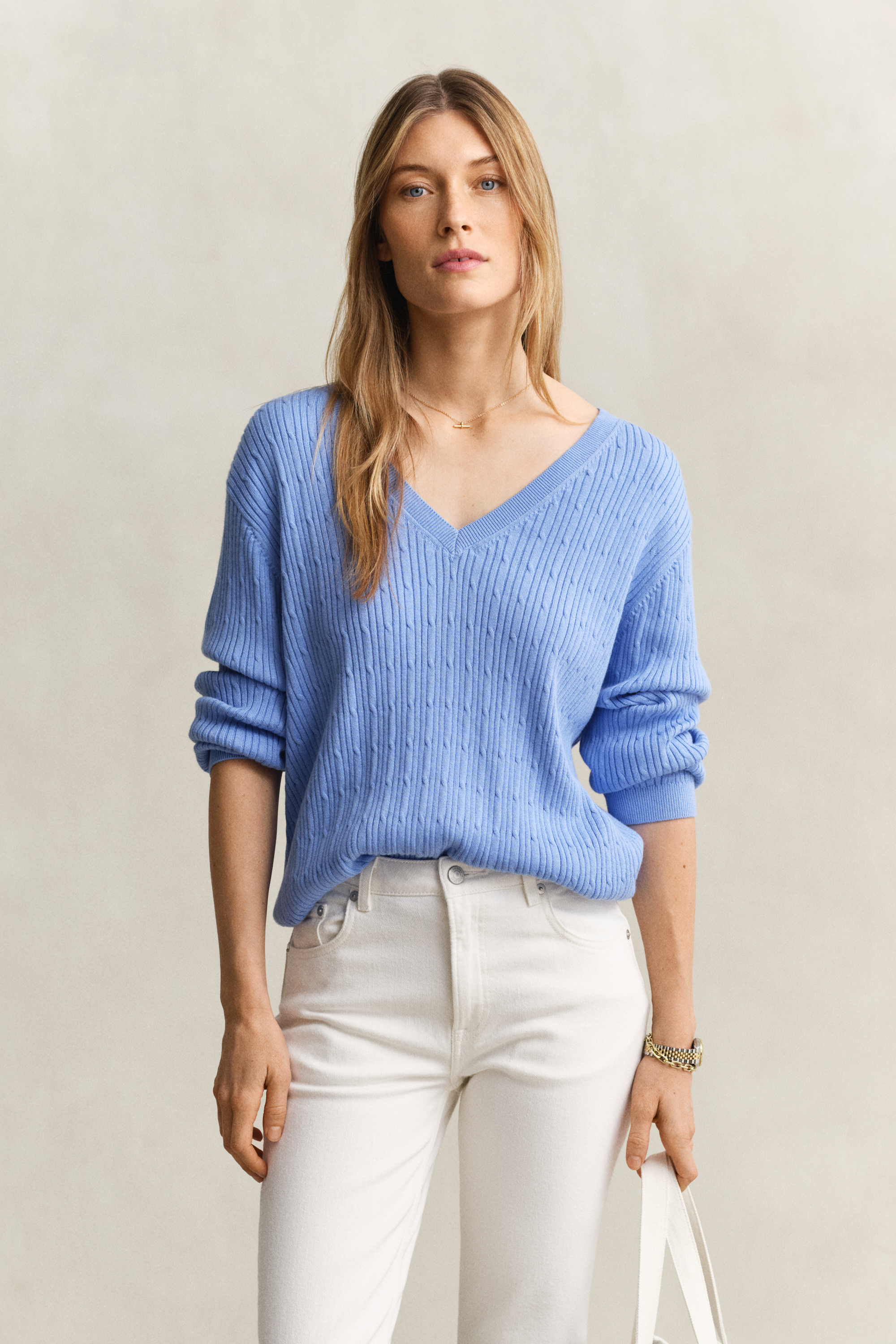 Gant Women's Hydrangea Blue Cable Knit V-Neck Sweater (Xxl)