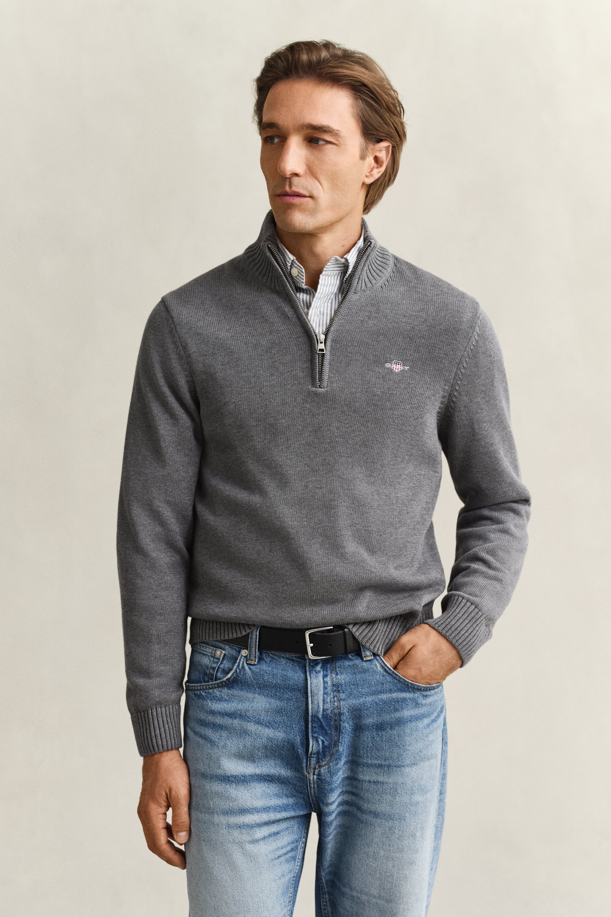 Gant Men's Dark Grey Casual Cotton Half-Zip Sweater (Xxxl) Melange