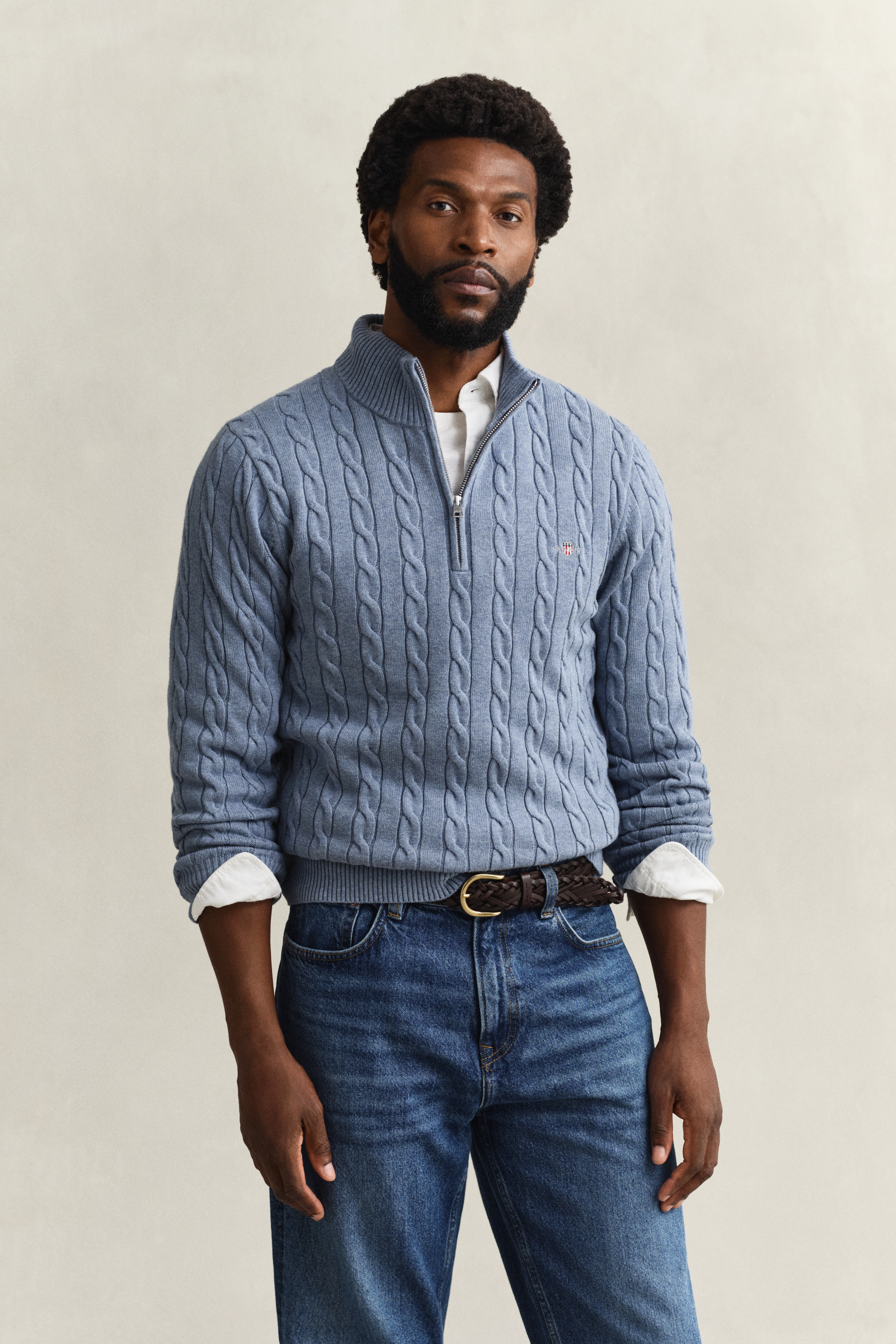 Gant Men's Faded Denim Cotton Cable Knit Half-Zip Sweater (4Xl)