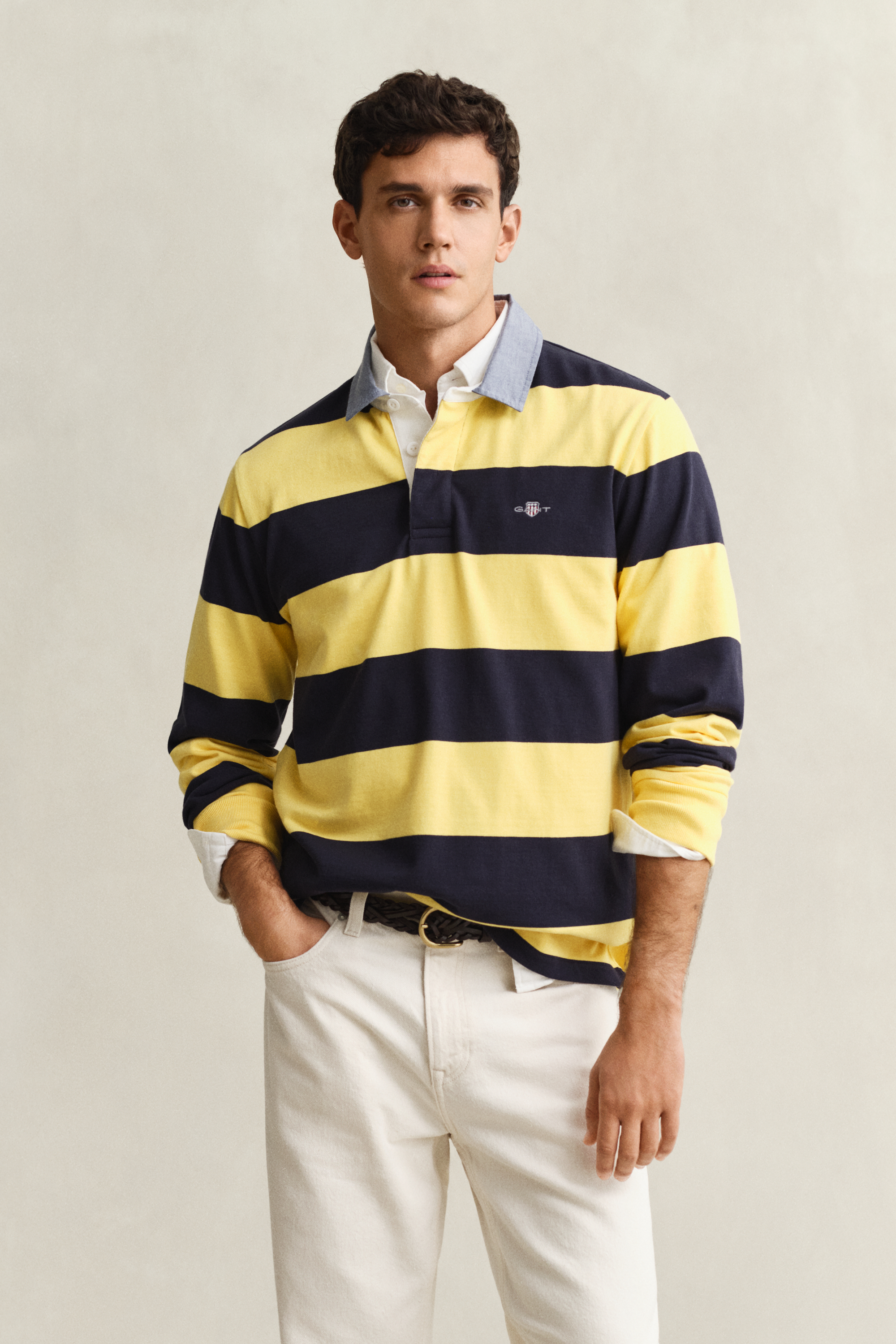 Gant Men's Banana Yellow Chambray Collar Striped Heavy Rugger (Xxxl)
