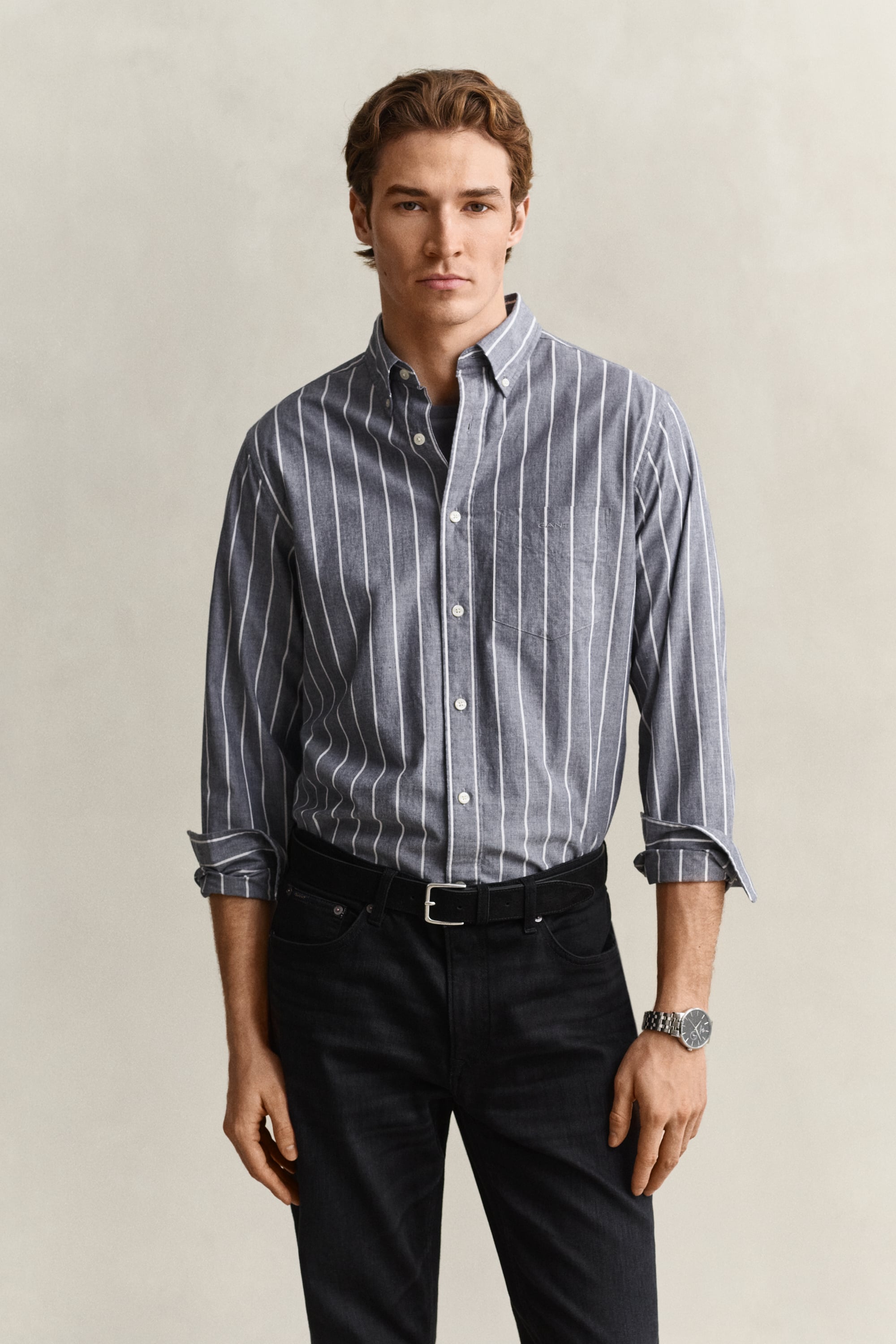 Gant Men's Blue Striped Mélange Poplin Shirt (Xl) Dark Indigo Melange