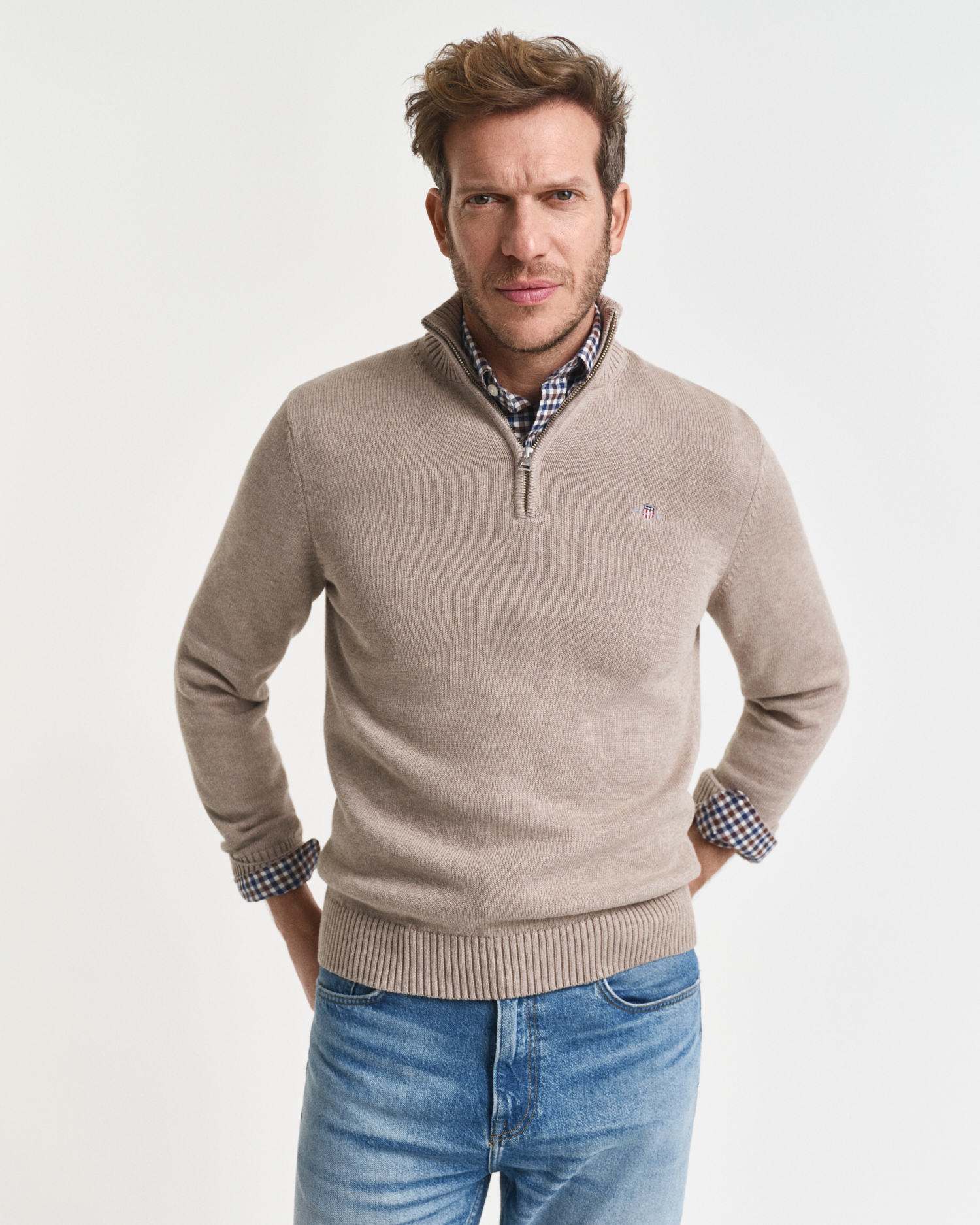 Gant Men's Beige Casual Cotton Half-Zip Sweater (Xxxl) Dk Sand Melange