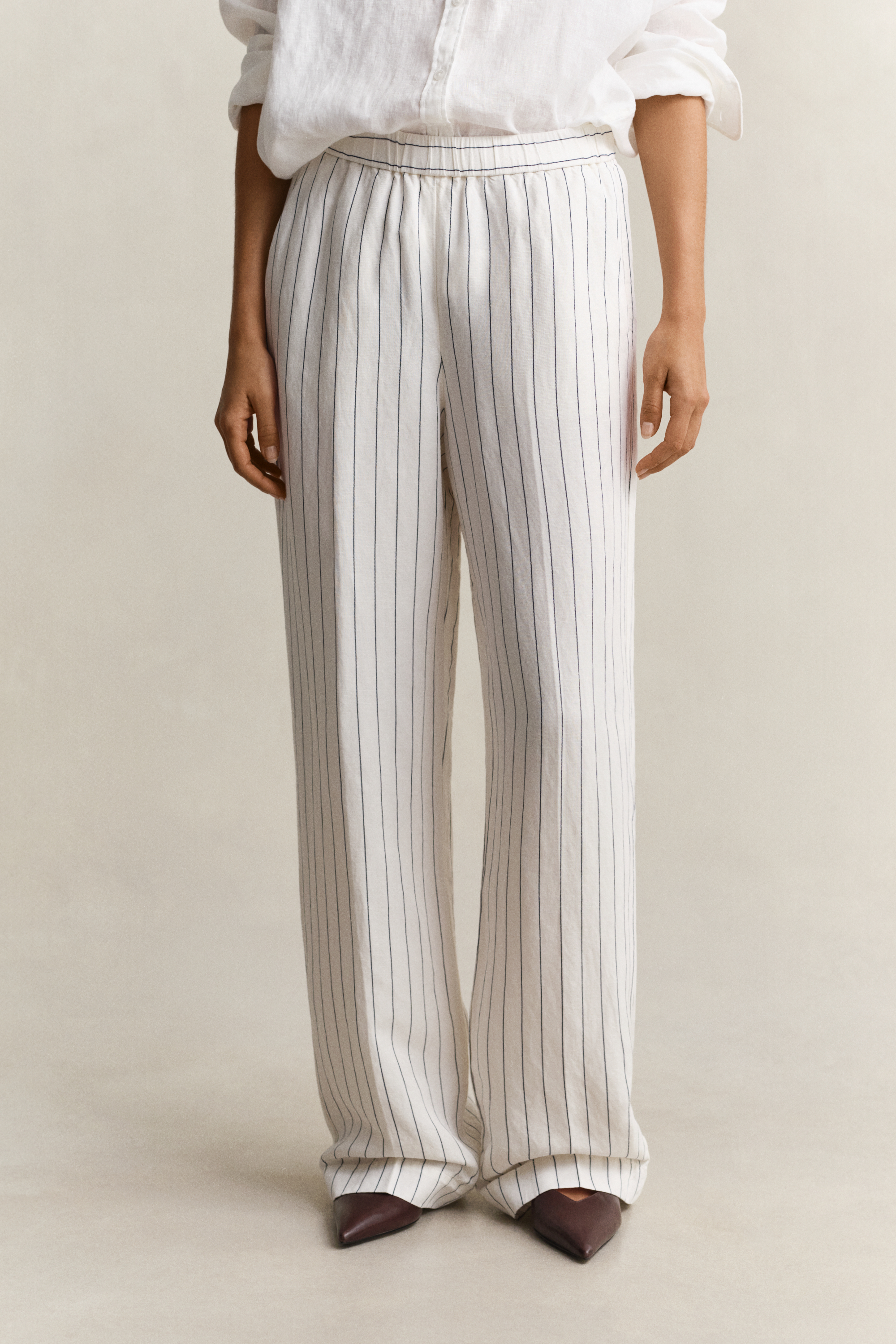 Gant Women's Off White Striped Linen Blend Pants (44) Eggshell