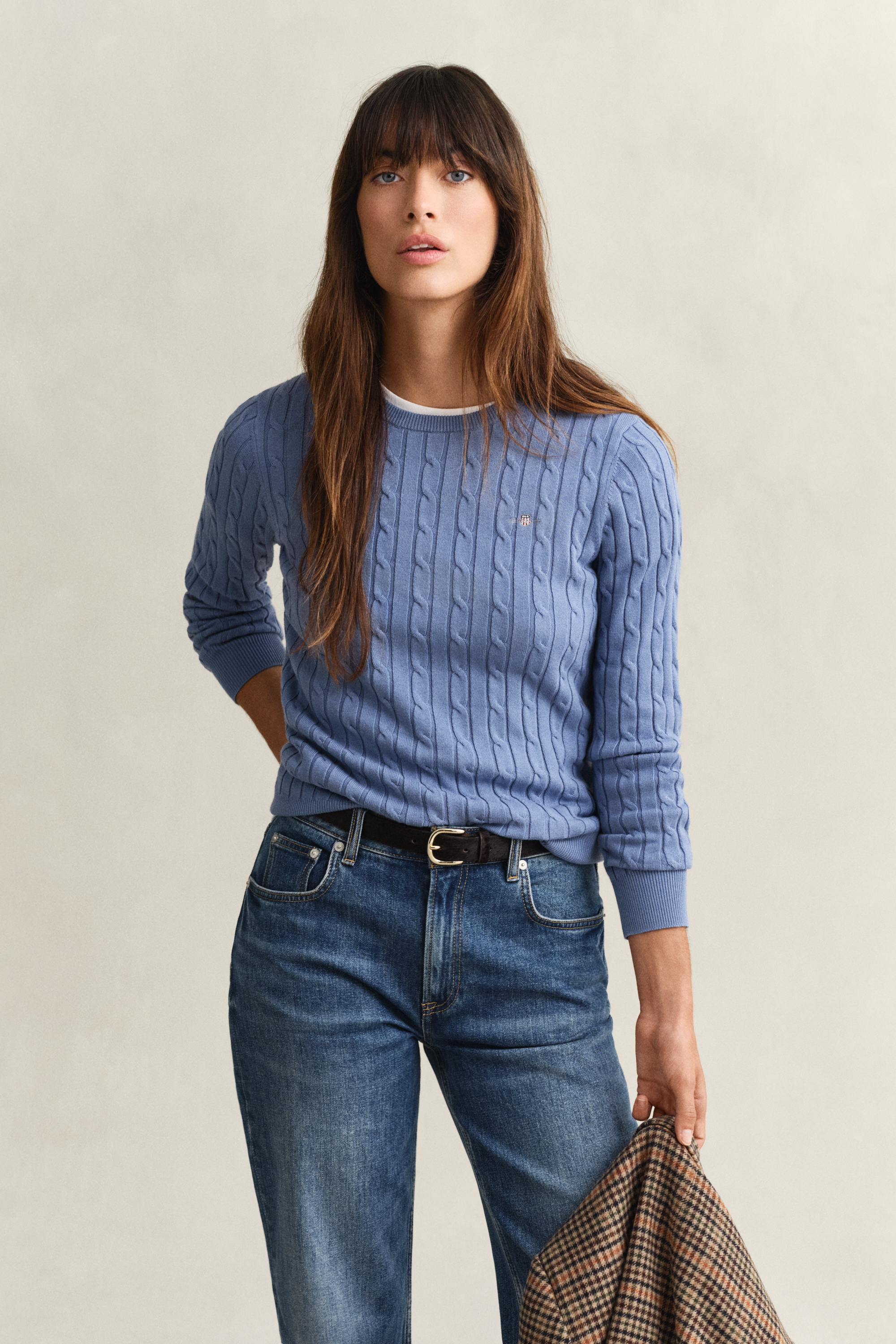 Gant Women's Faded Denim Cable Knit Crew Neck Sweater (Xs)