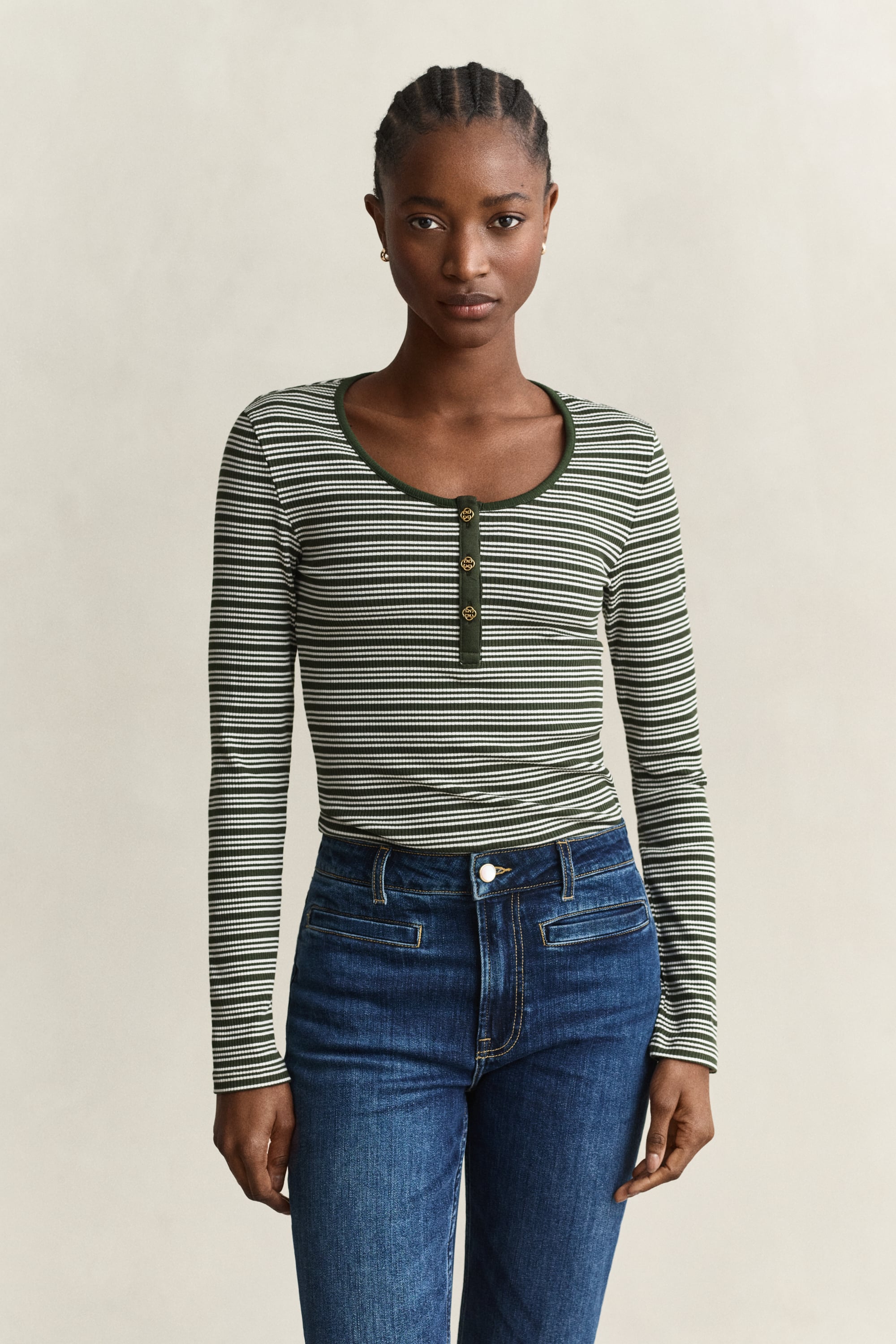Ribbed Long Sleeve Henley Top MOSSY