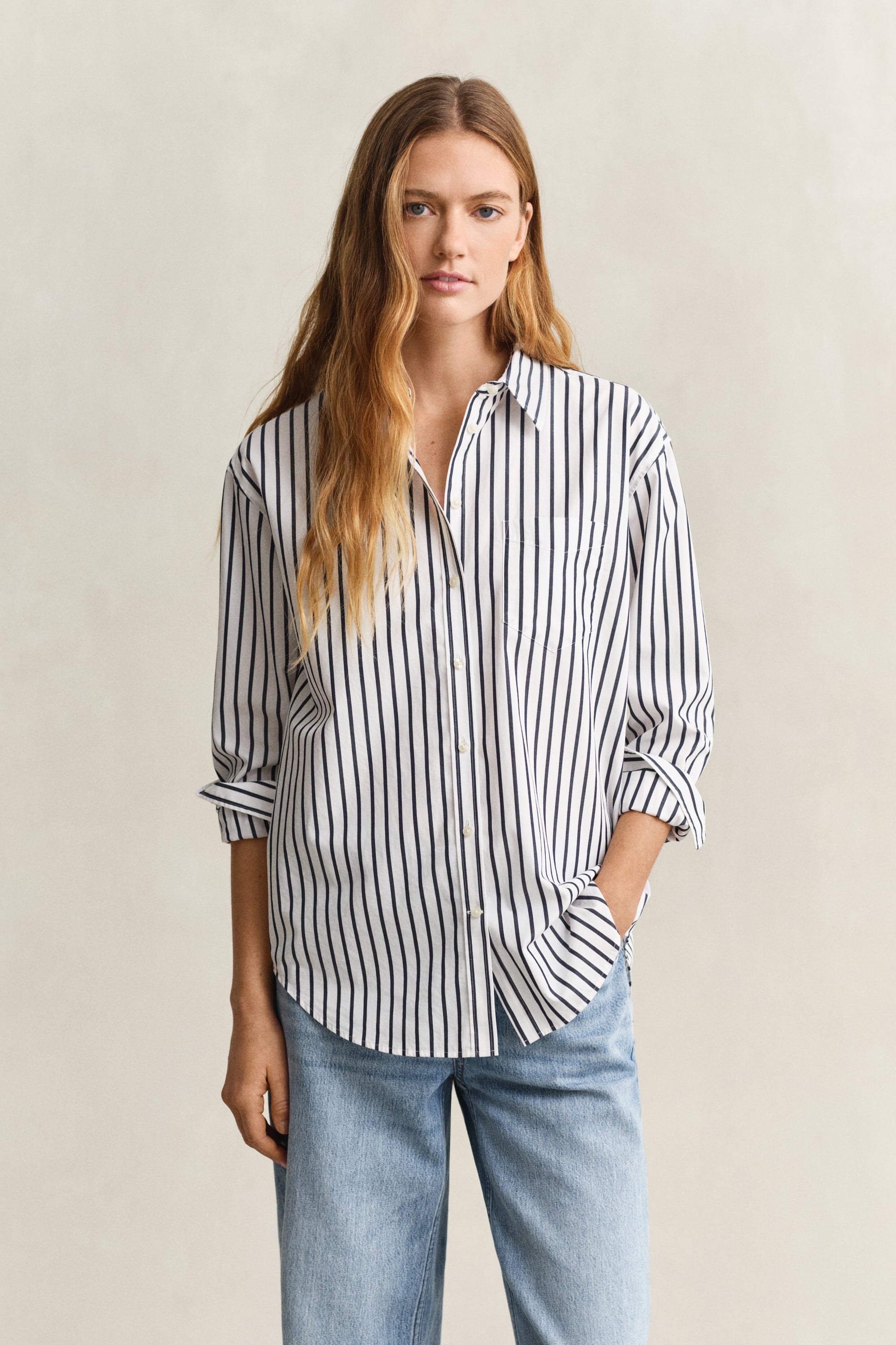 Gant Women's Navy Relaxed Fit Classic Striped Poplin Shirt (36) Evening Blue