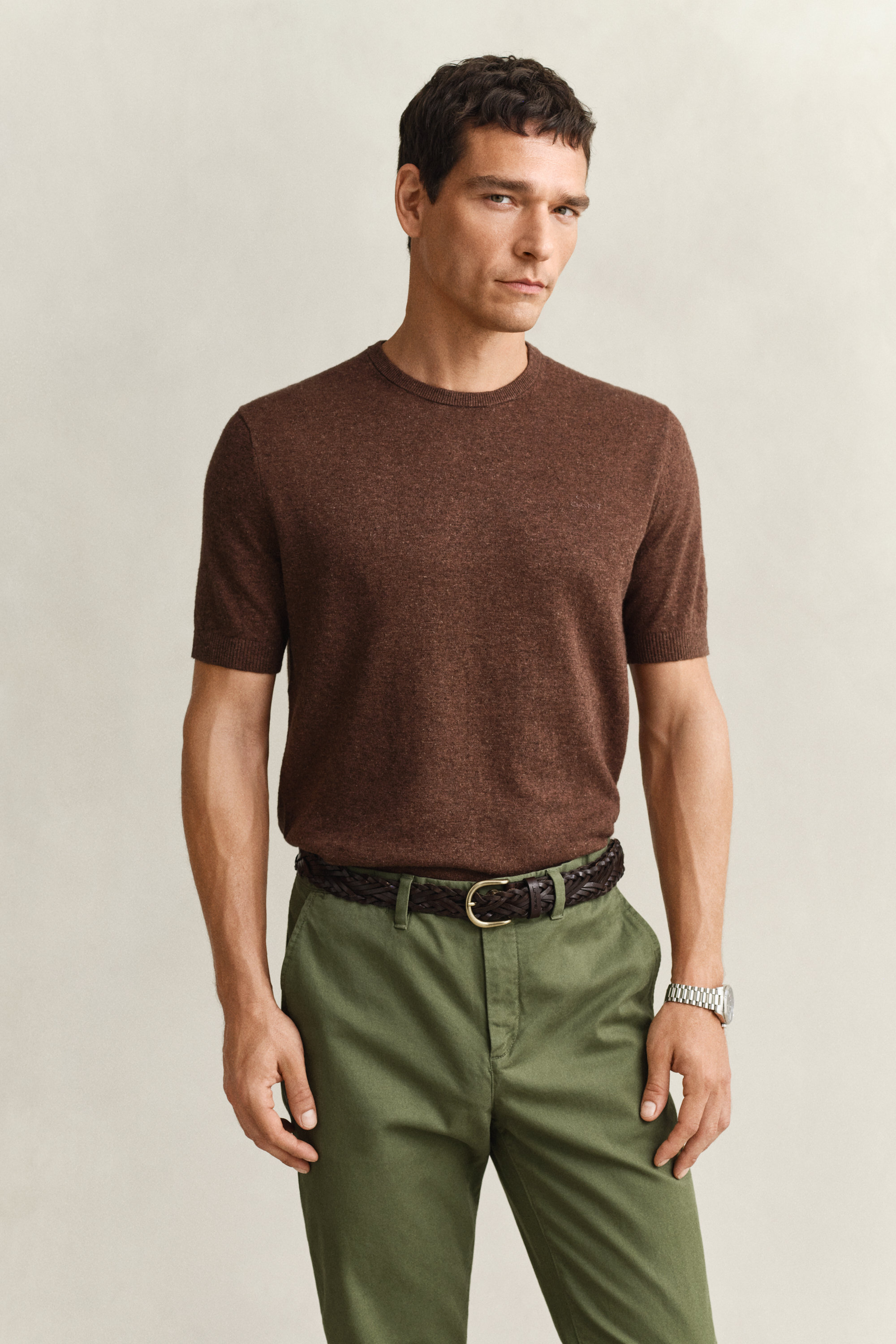 Gant Men's Hazelnut Melange Slub Cotton Blend Short Sleeve Sweater (Xxxl)