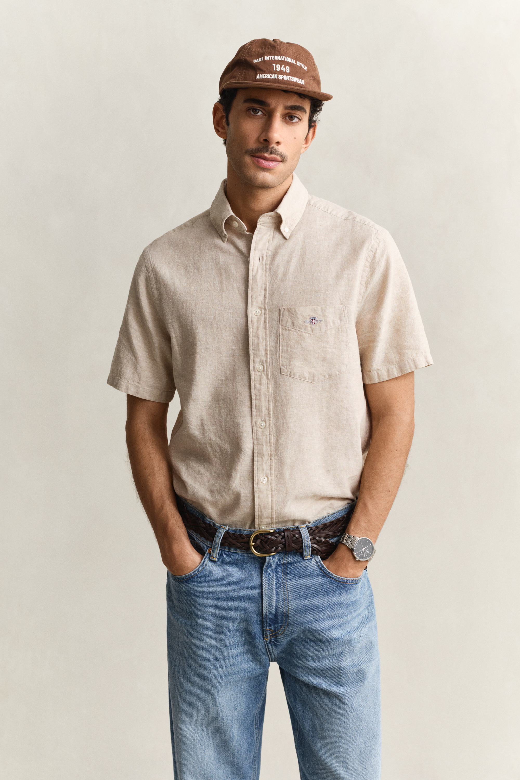 Gant Men's Oat Beige Linen Blend Short Sleeve Shirt (Xl)
