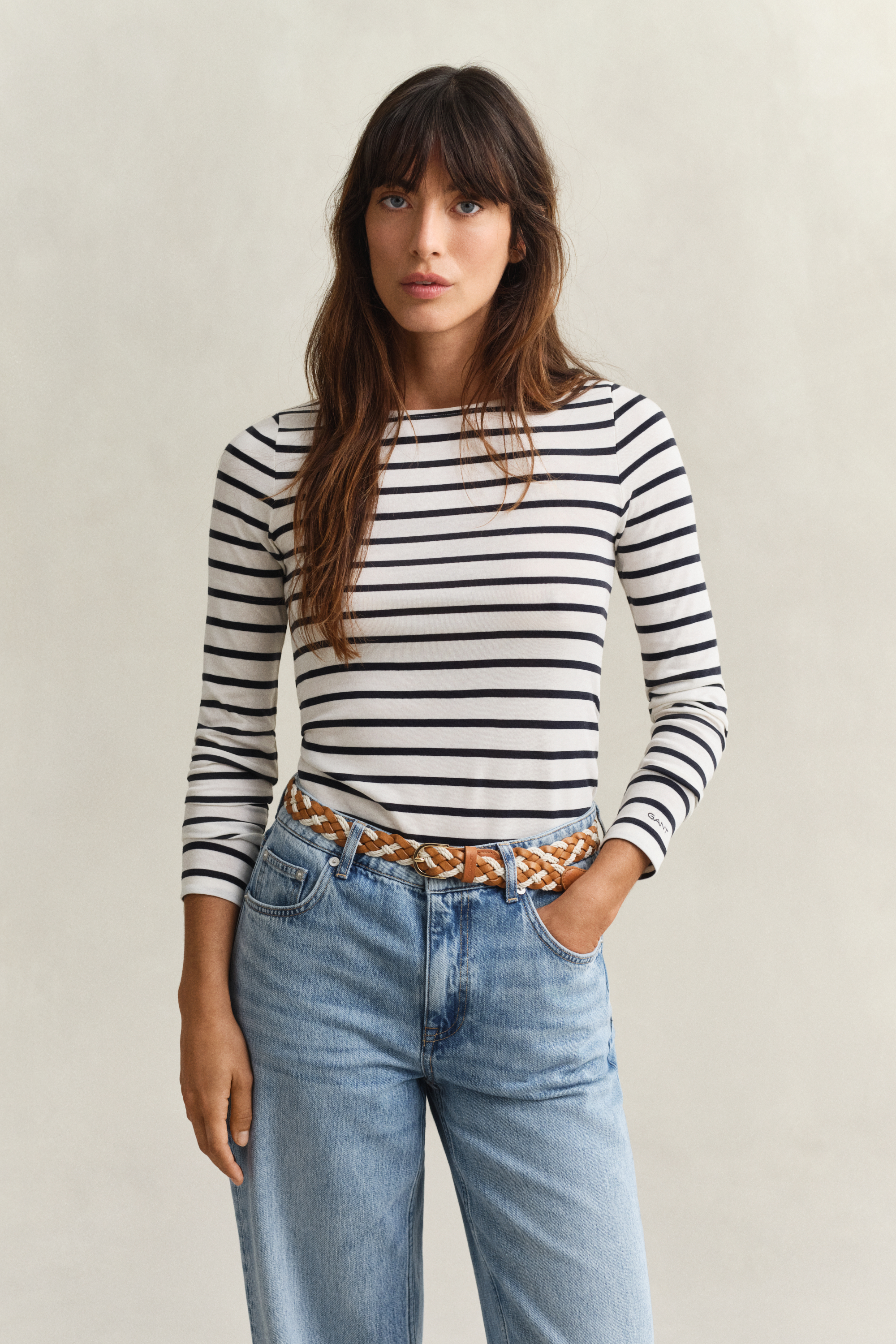 Gant Women's Off White Breton Striped Long Sleeve T-Shirt (Xxl) Eggshell
