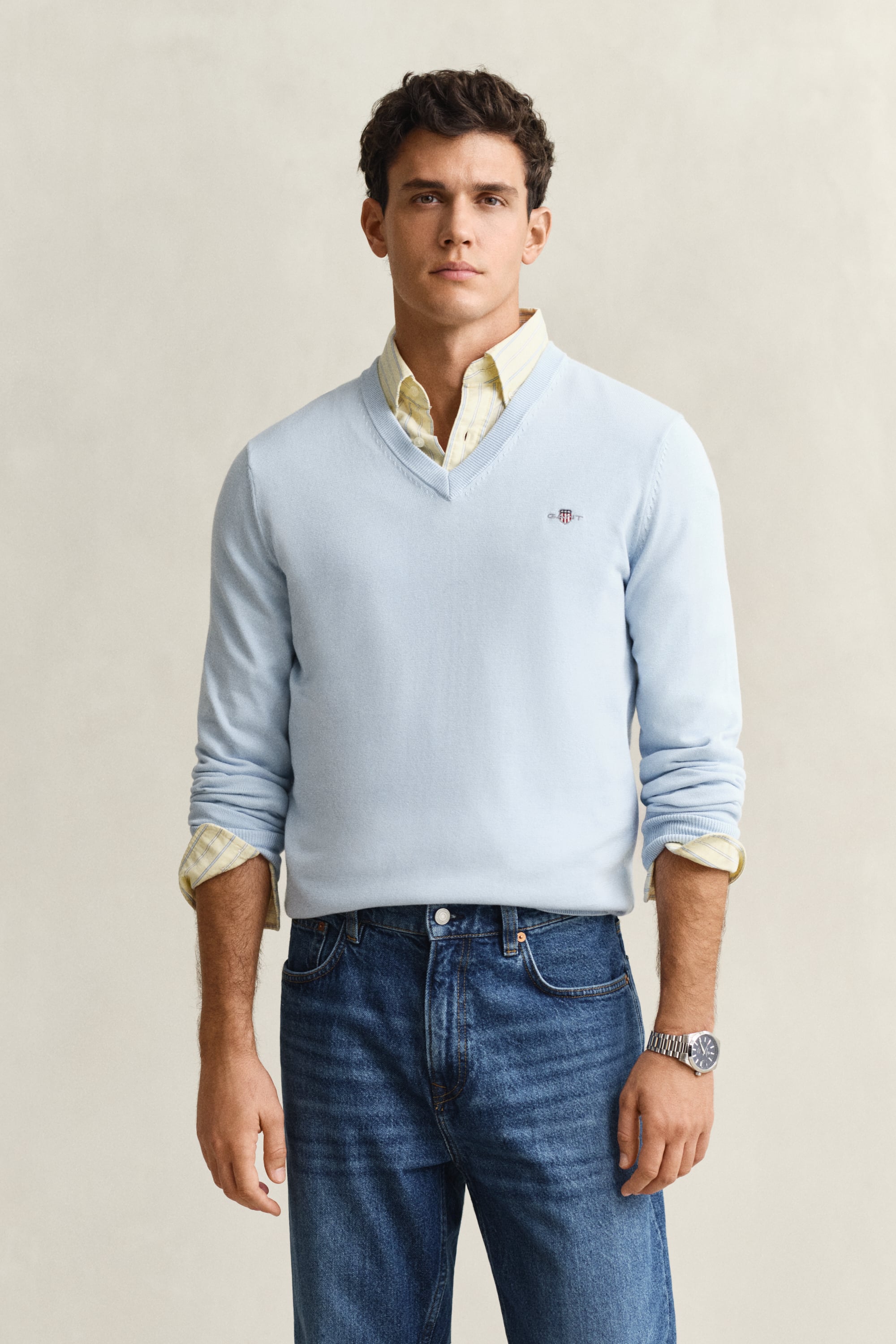 Gant Men's Fresh Blue Classic Cotton V-Neck Sweater (Xxxl)