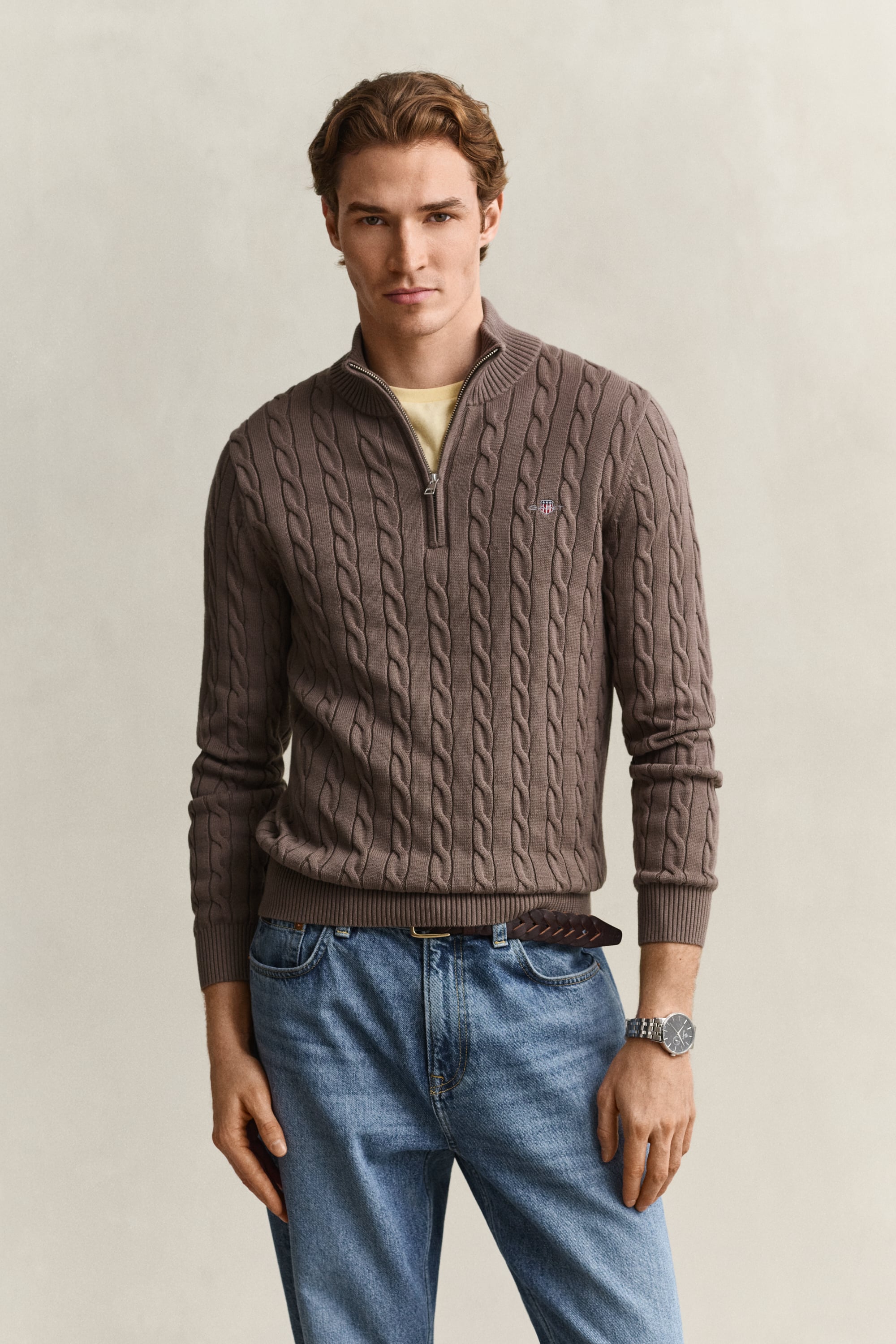Gant Men's Faded Taupe Cotton Cable Knit Half-Zip Sweater (Xxl)