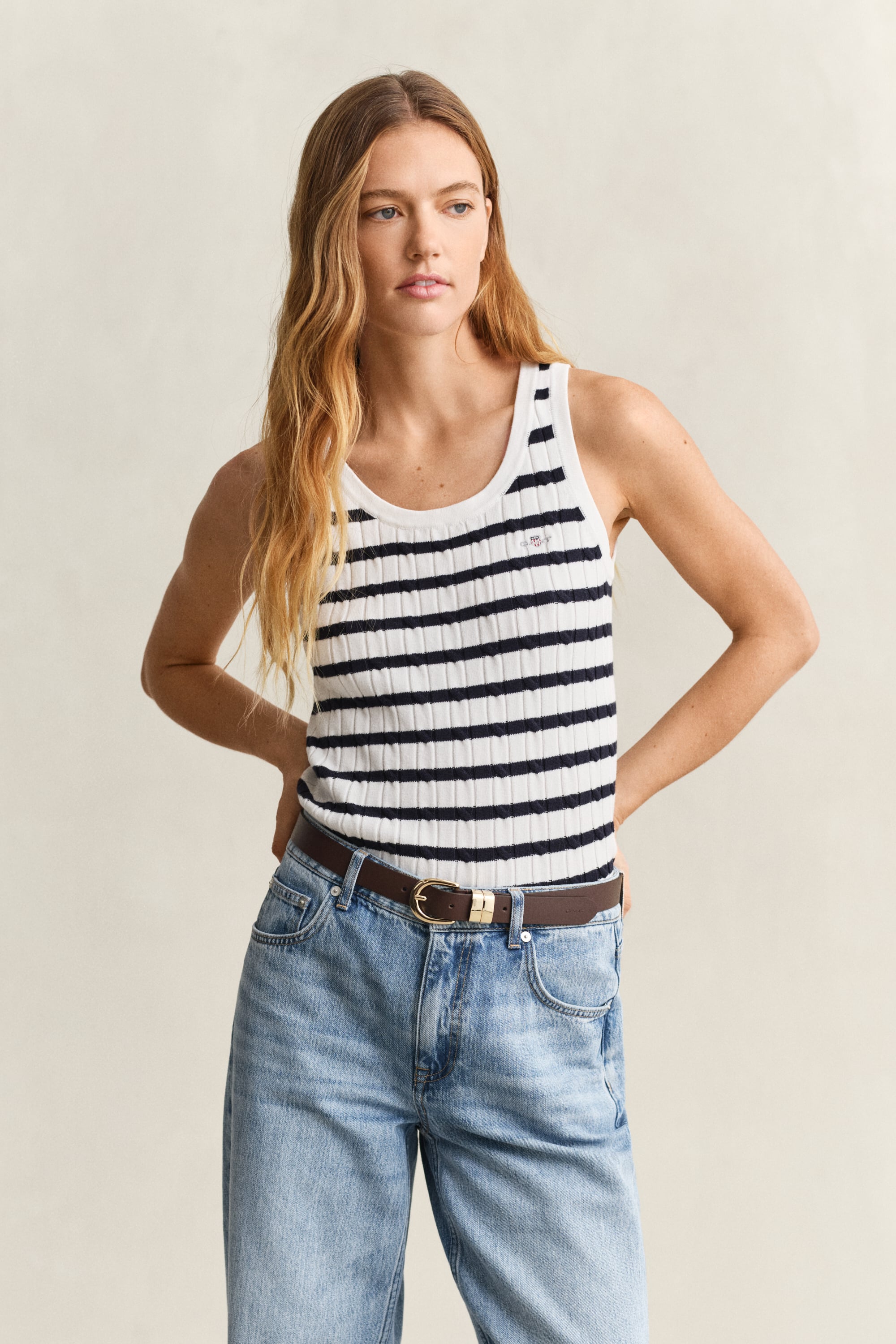 Gant Women's Off White Striped Cable Knit Tank Top (Xxl) Eggshell