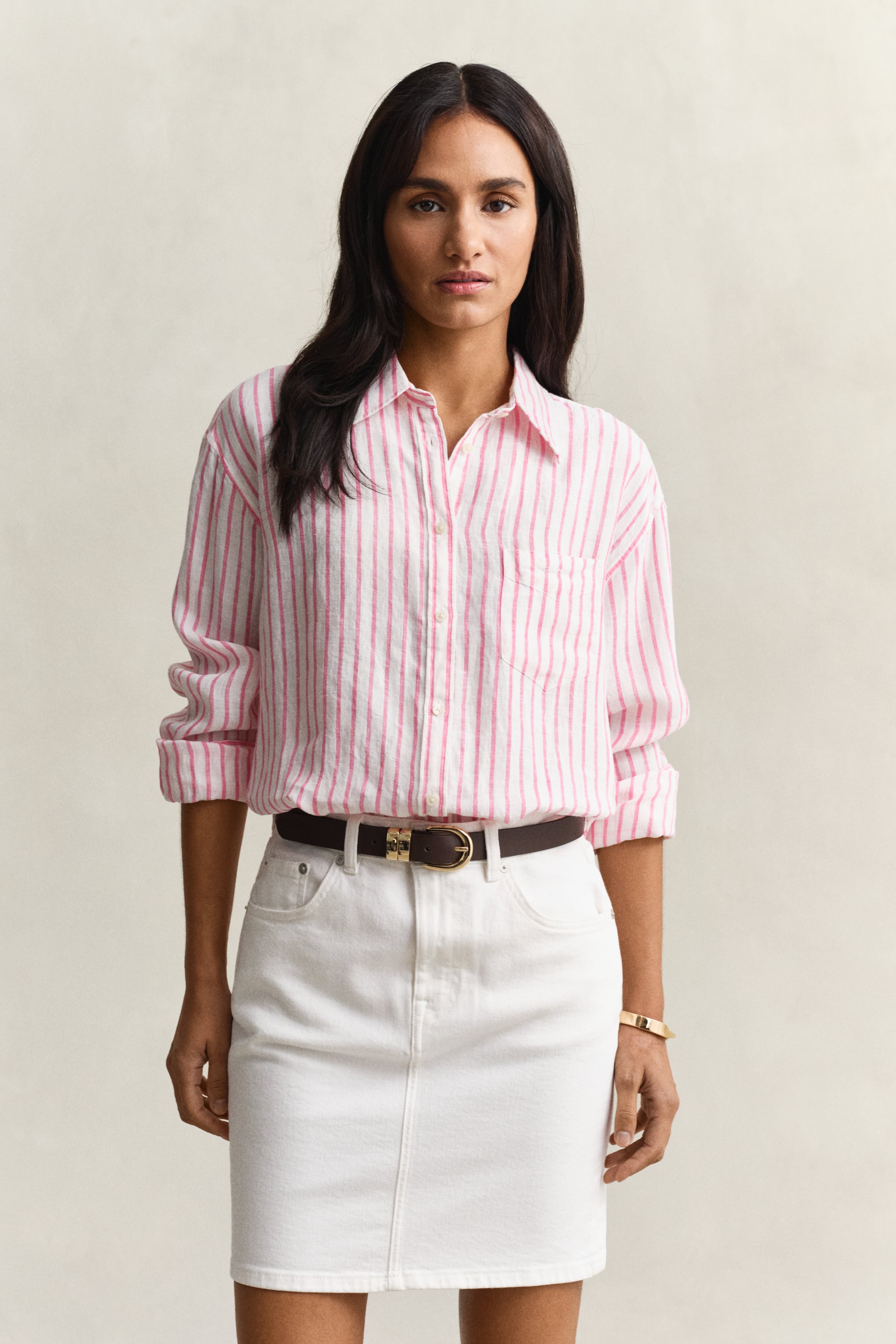 Gant Women's Bright Fuschia Relaxed Fit Striped Linen Shirt (42)