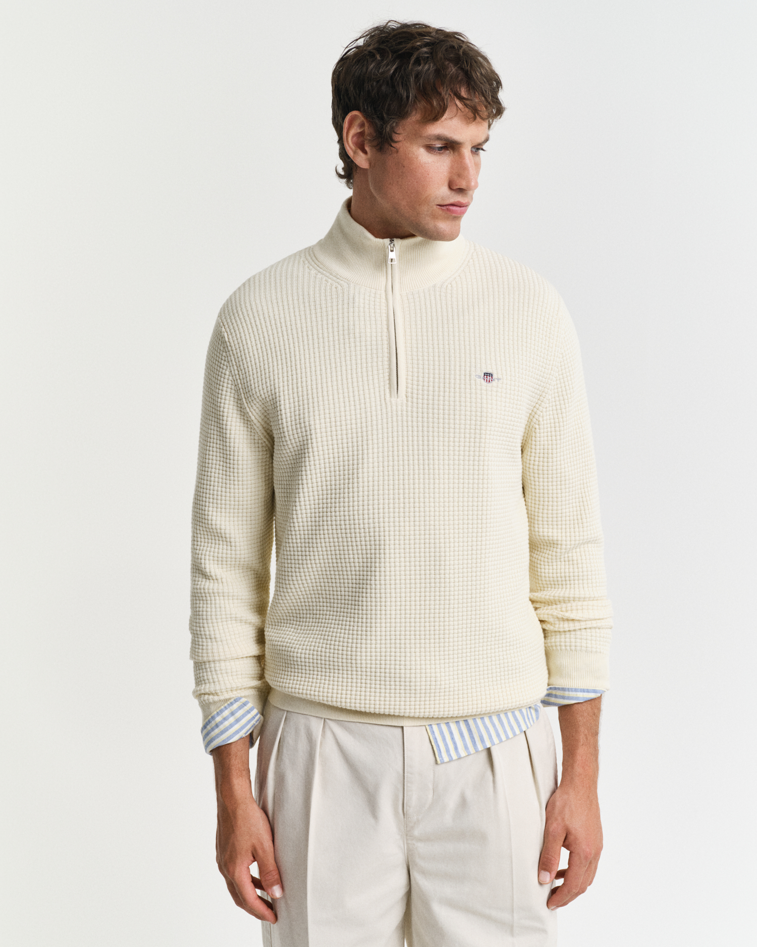 Gant Men's Cream Textured Cotton Half-Zip Sweater ) 4XL