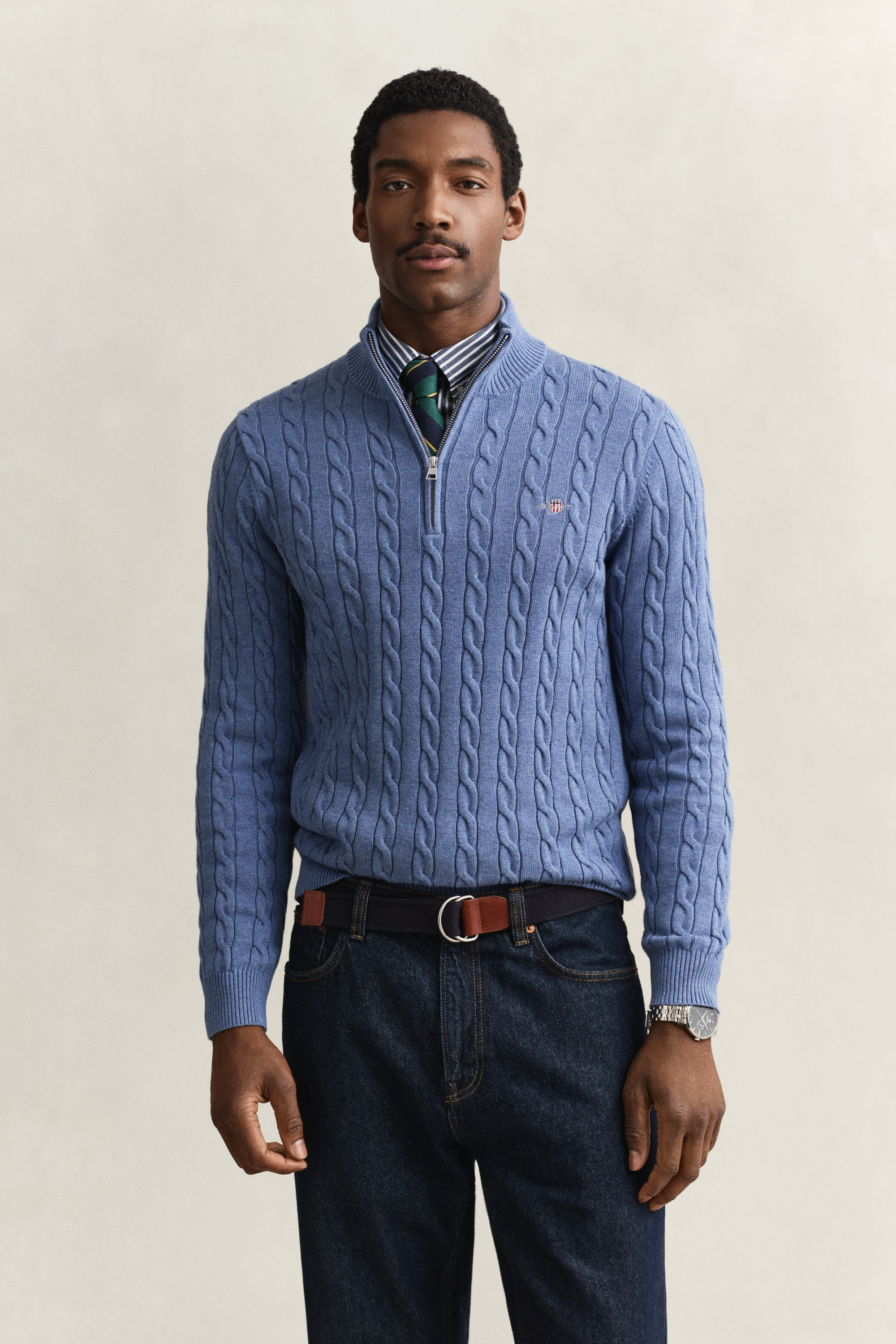 Gant Men's Blue Cotton Cable Knit Half-Zip Sweater (4Xl) Denim Melange