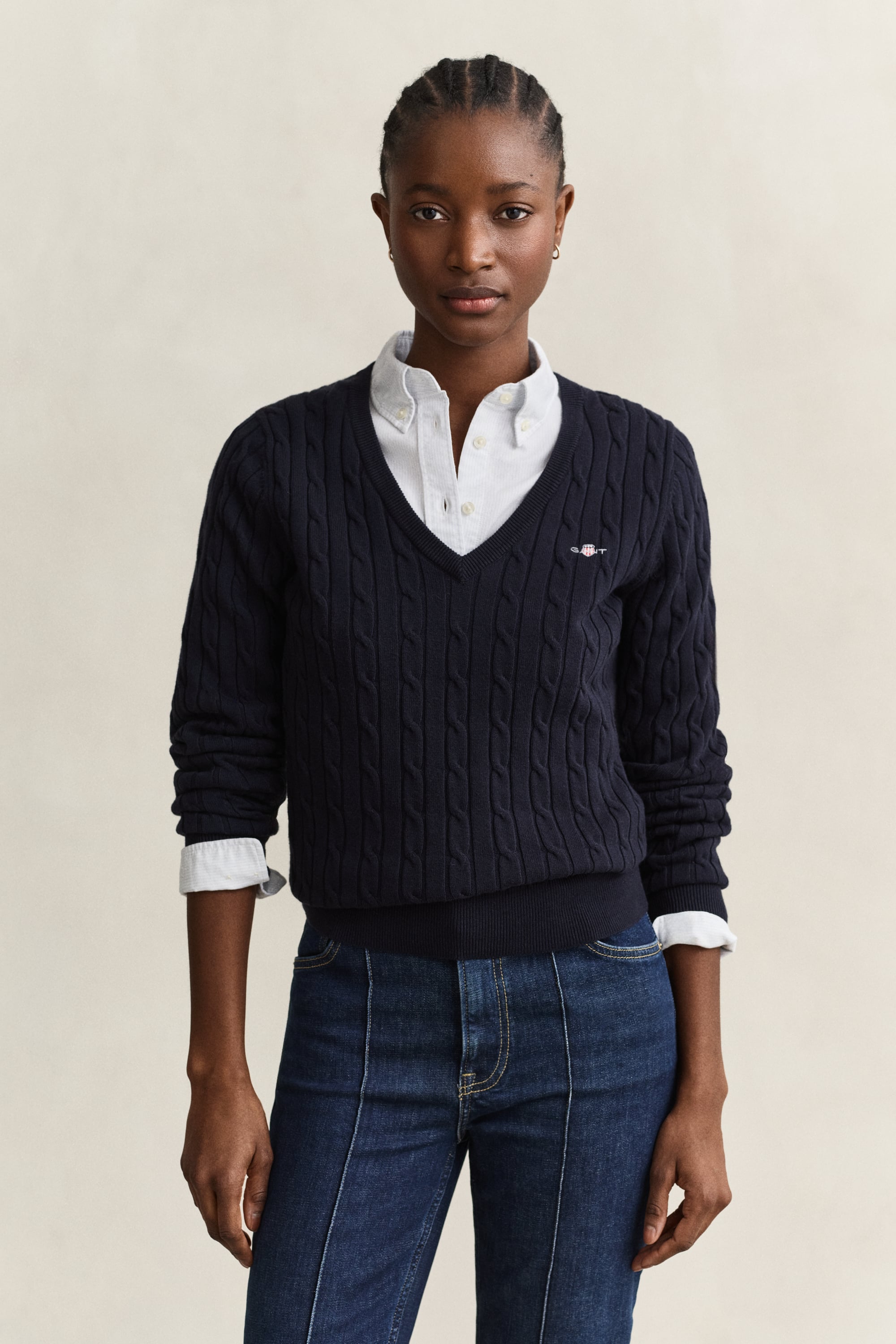 Gant Stretch Cotton Cable Knit V-neck Sweater In Blue