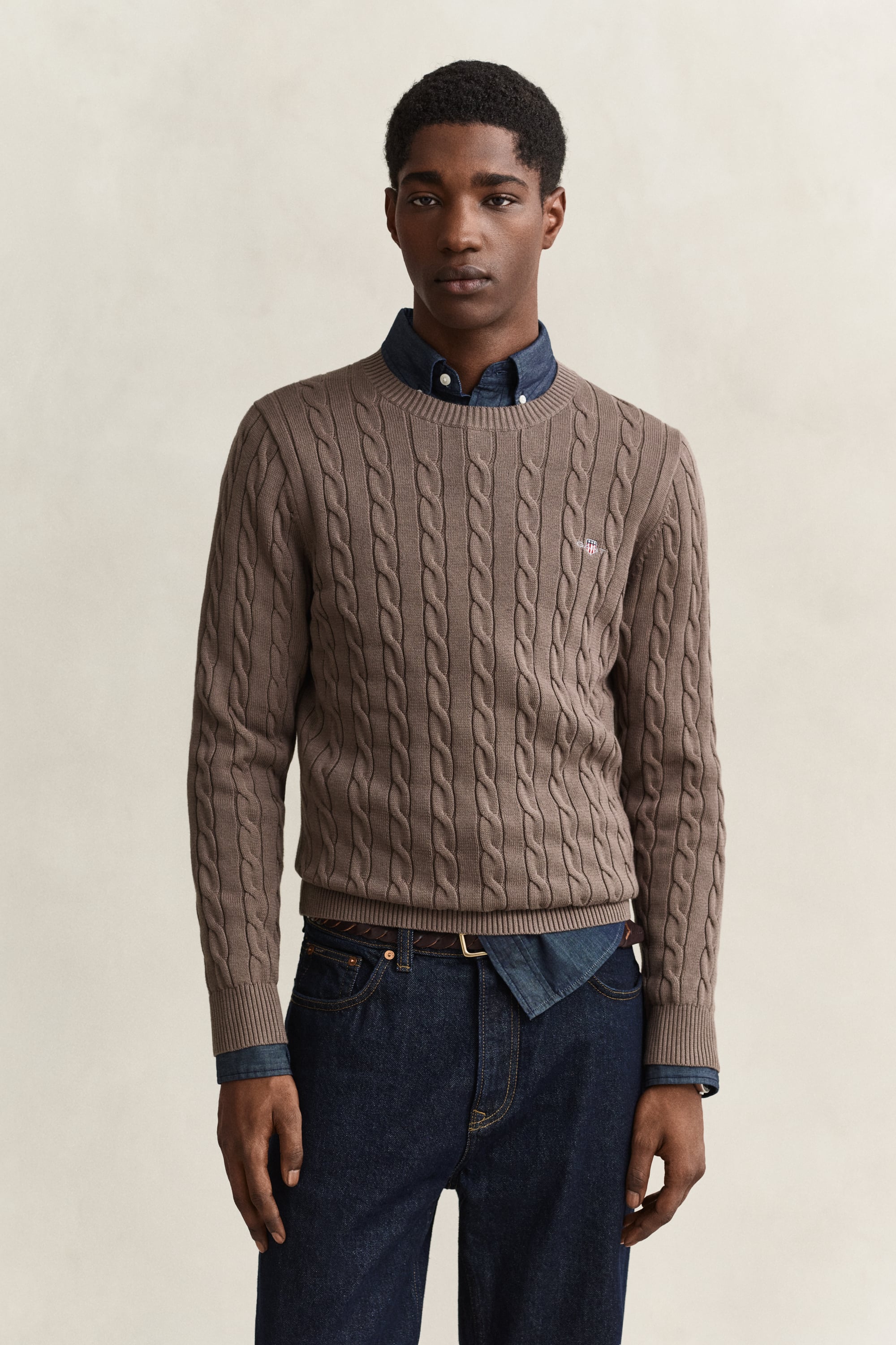 Gant Men's Faded Taupe Cotton Cable Knit Crew Neck Sweater (Xxxl)