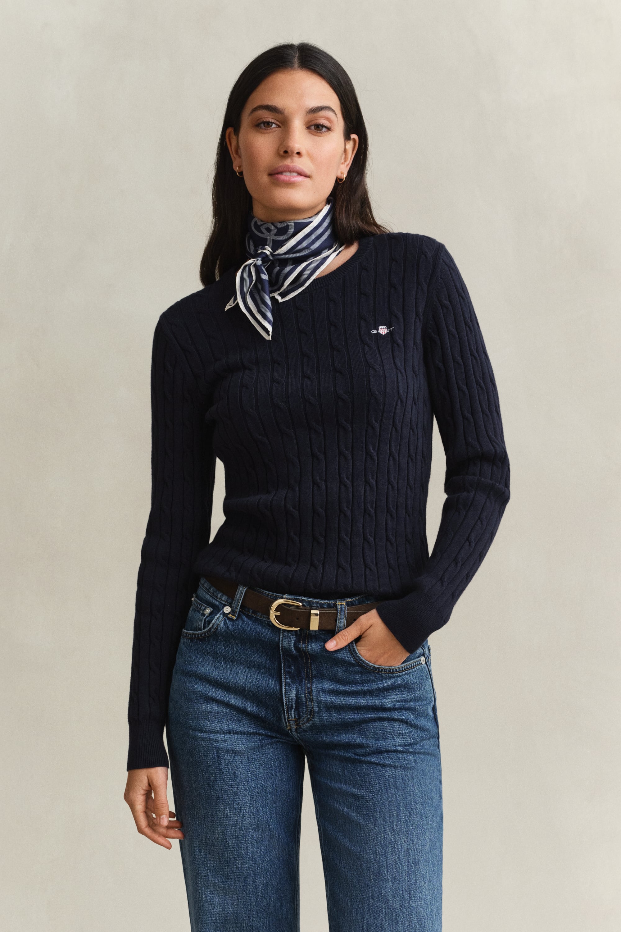 Gant Stretch Cotton Cable Knit Crew Neck Sweater In Blue