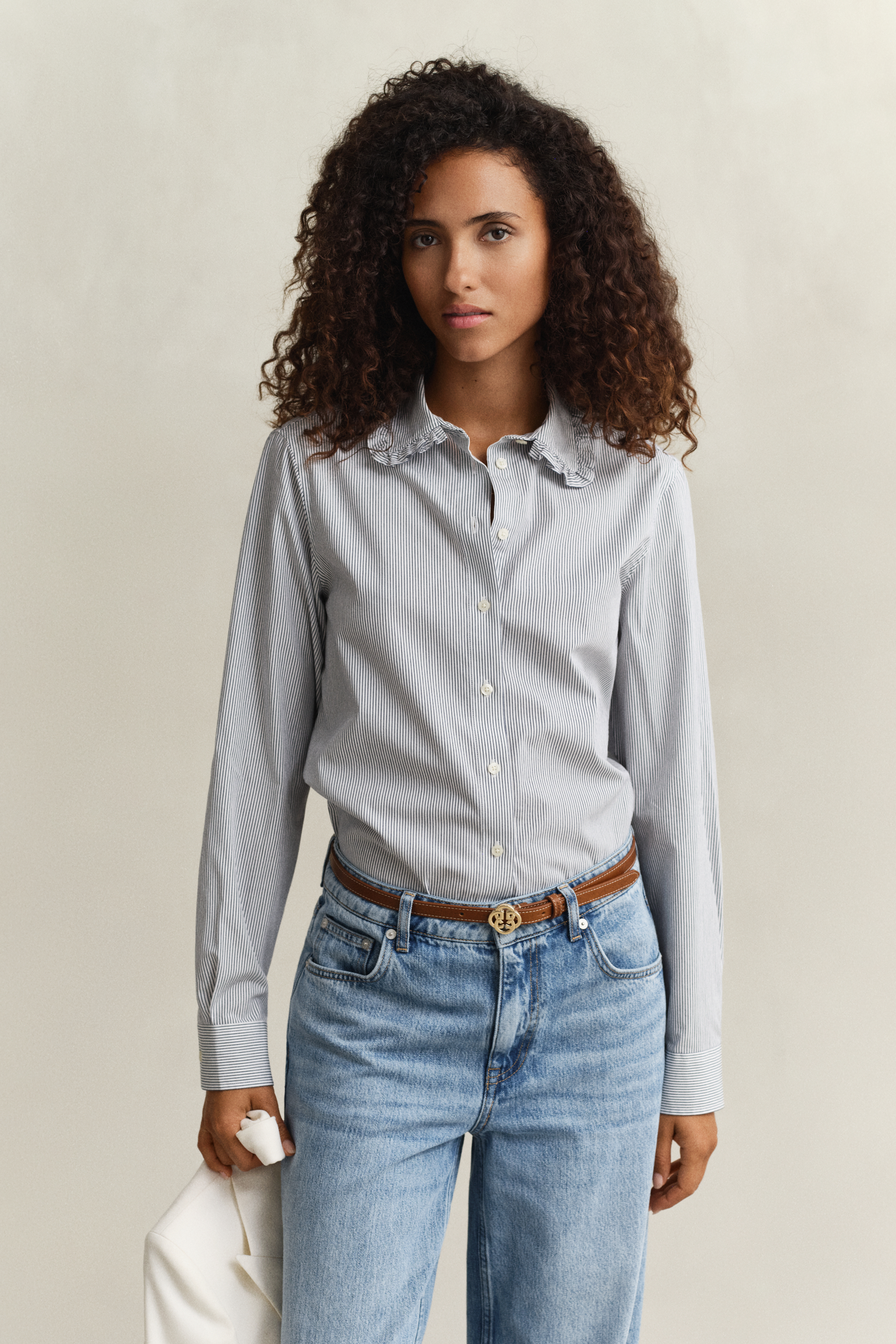 Gant Women's Blue Frilly Striped Cotton Shirt (38) Classic