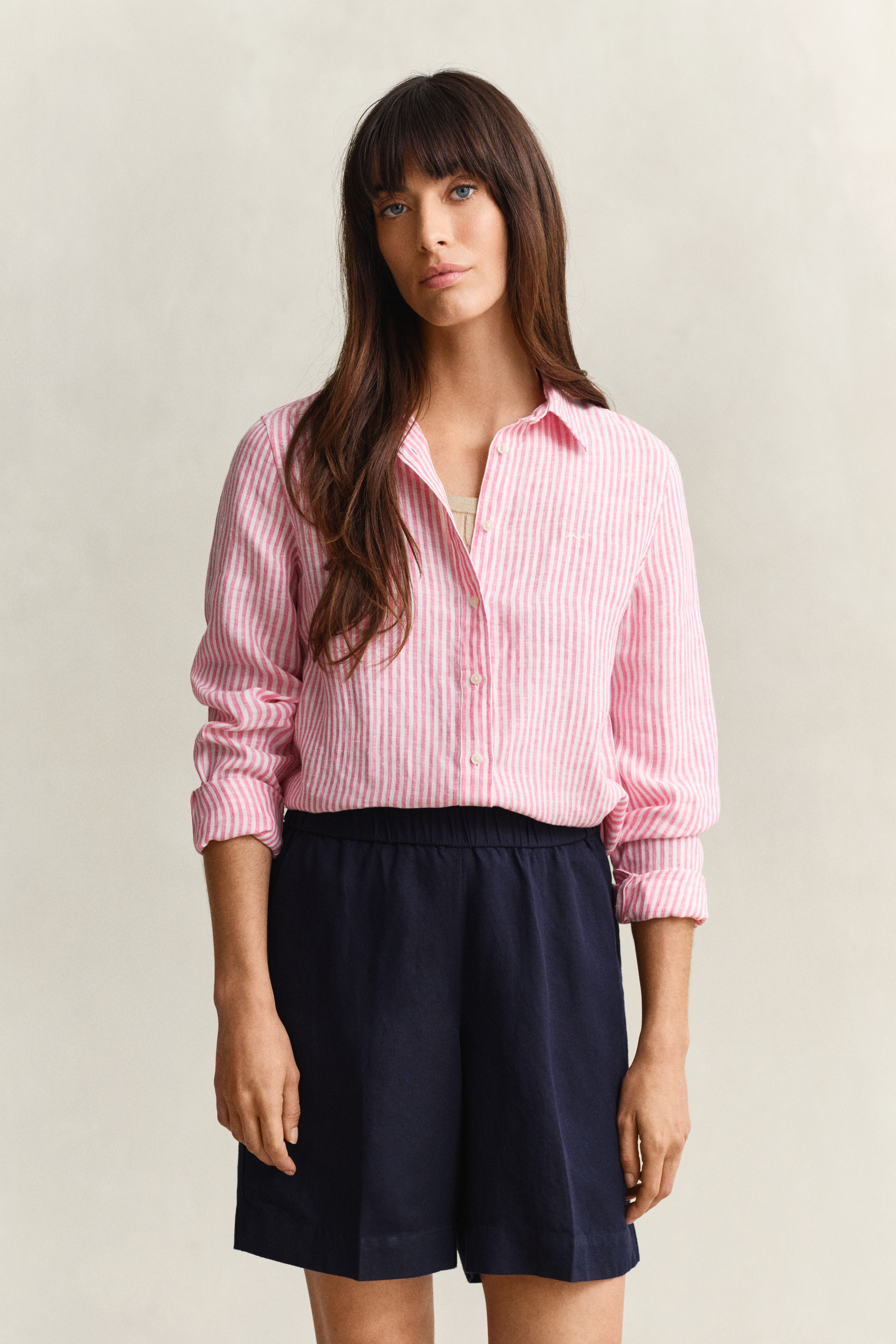 Gant Women's Bright Fuschia Regular Fit Striped Linen Shirt (44)