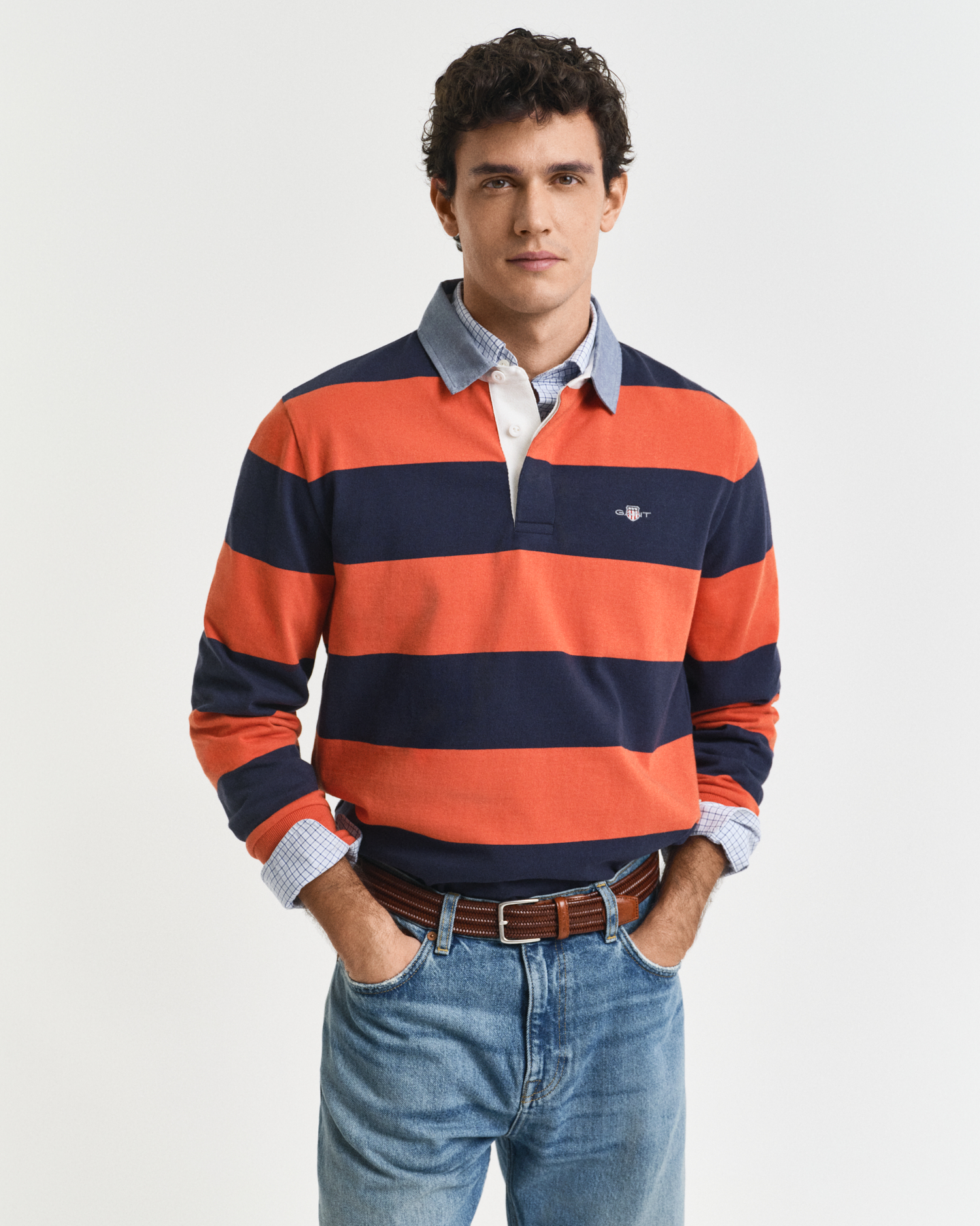 Gant Men's Orange Chambray Collar Striped Heavy Rugger ) 4XL