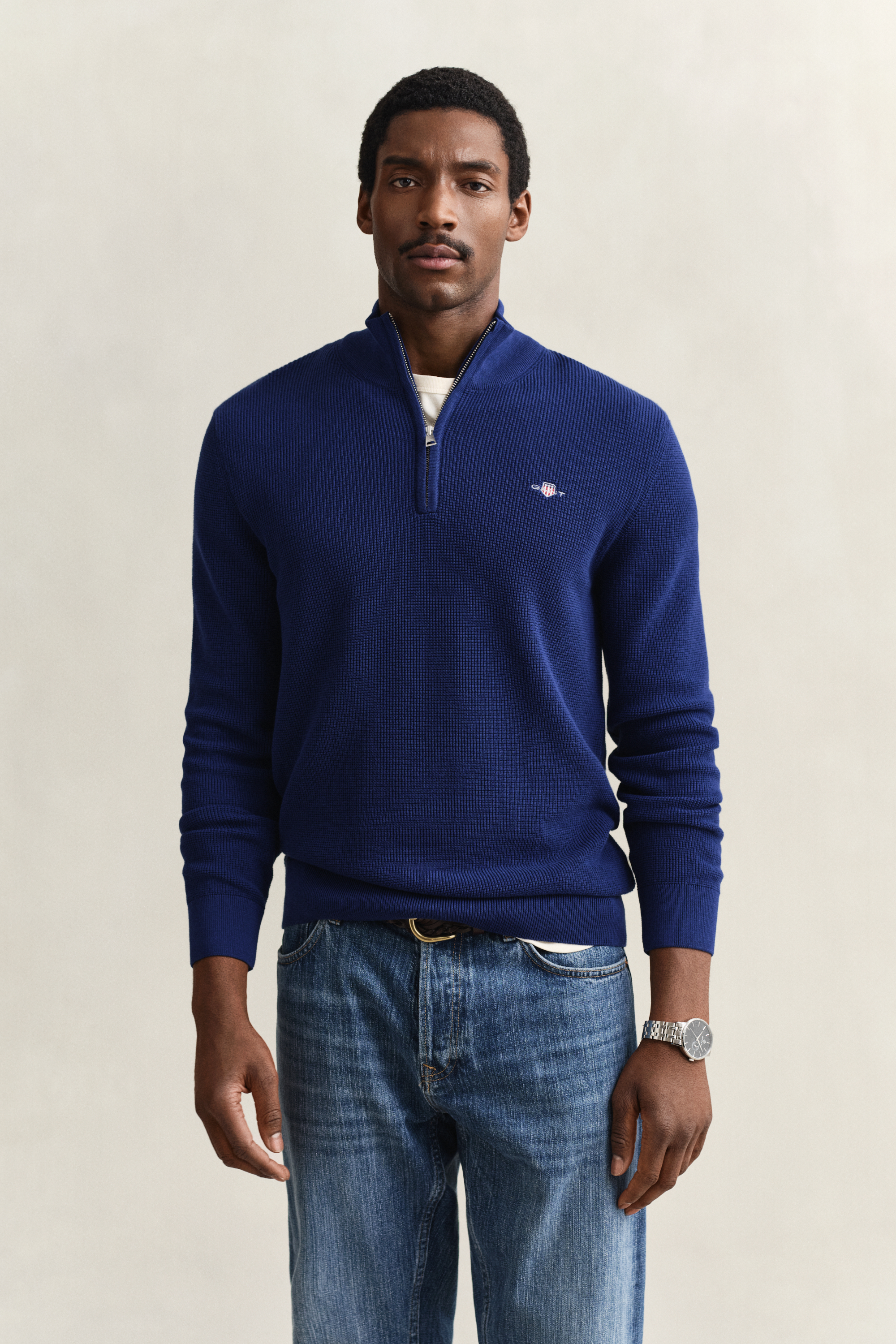 Gant Men's Navy Textured Cotton Half-Zip Sweater (Xxl) Rich
