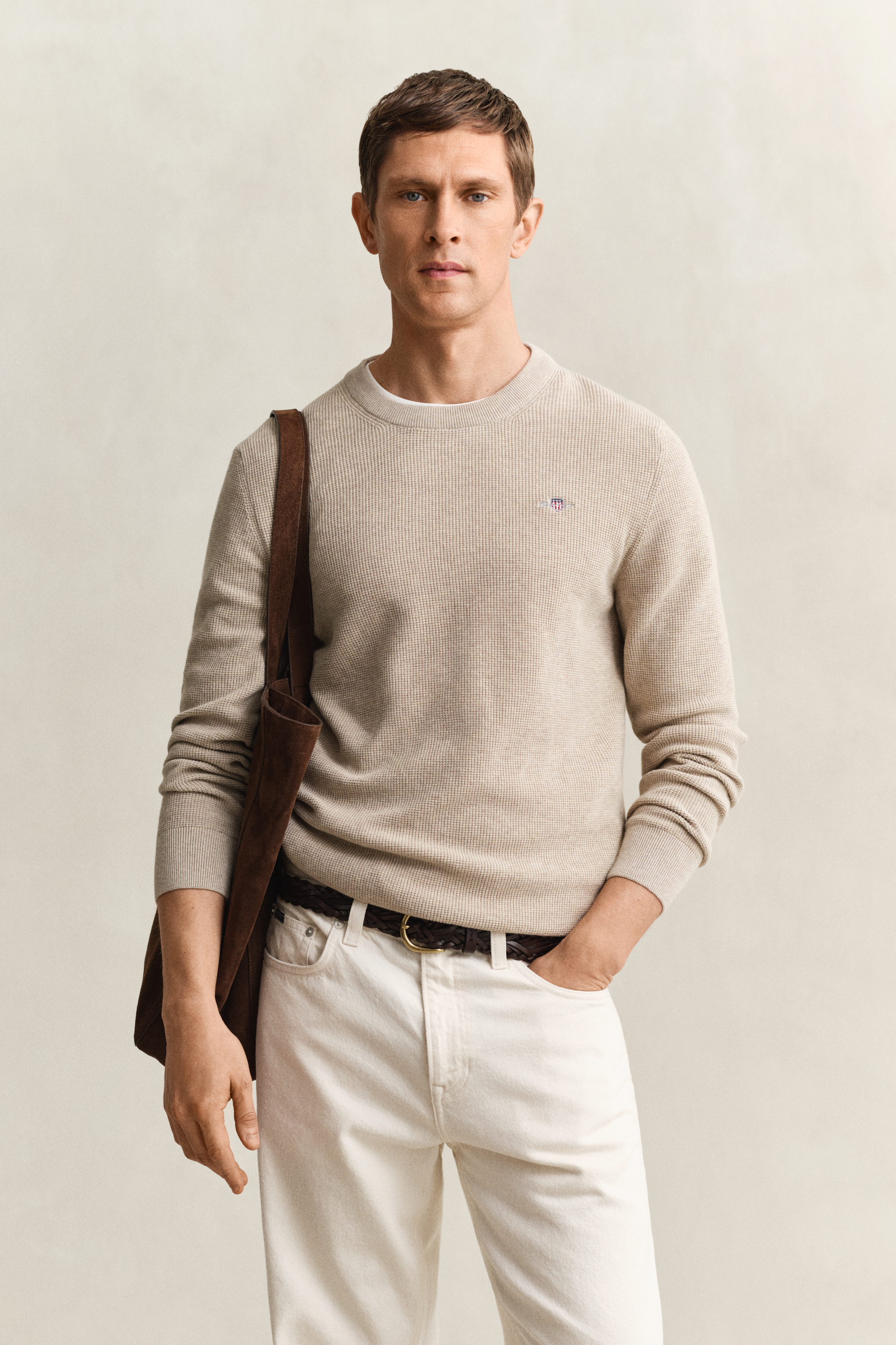 Gant Men's Beige Textured Cotton Crew Neck Sweater (Xxxl) Oat Melange