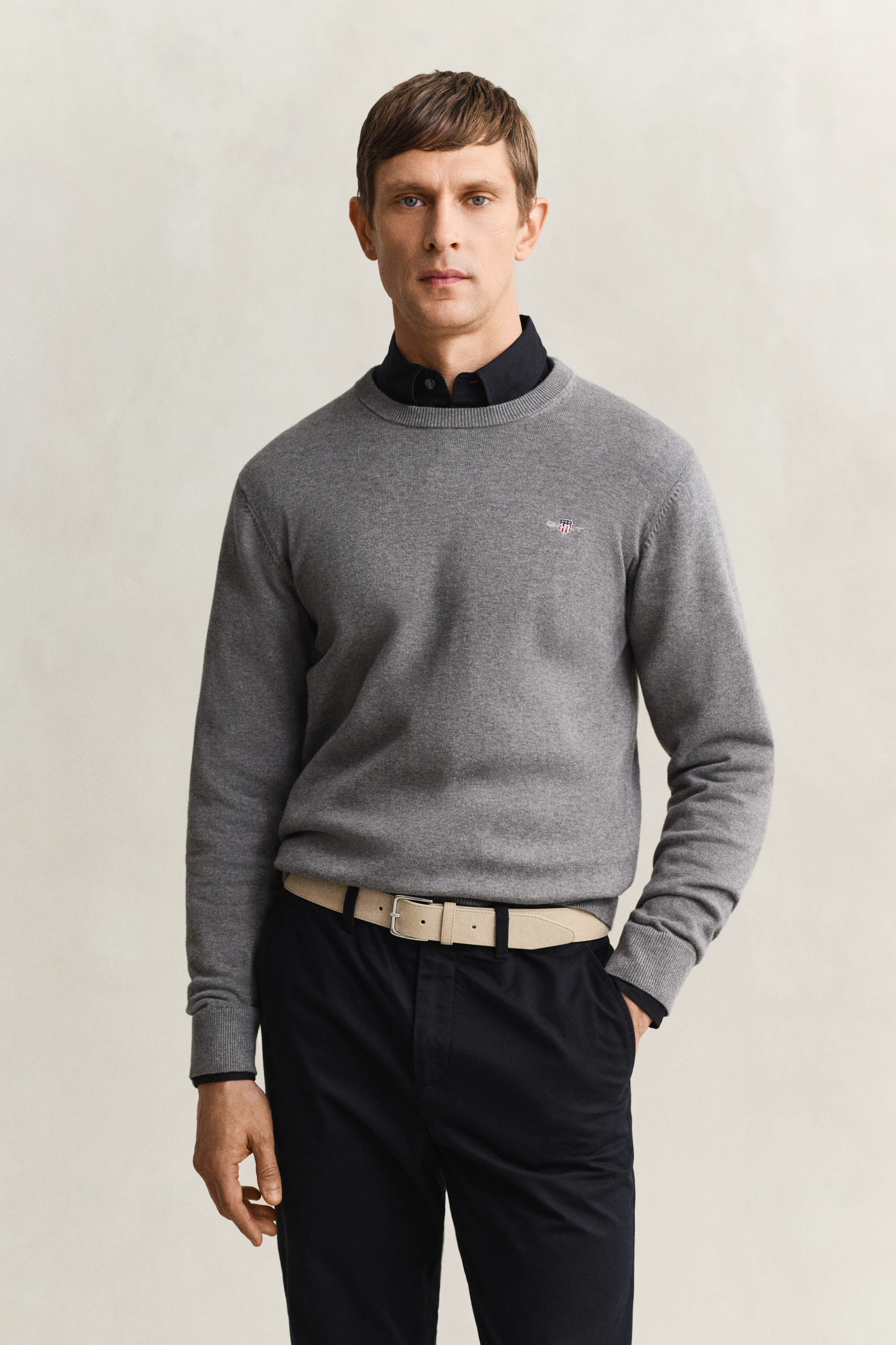 Gant Men's Dark Grey Cotton Crew Neck Sweater (Xxl) Melange
