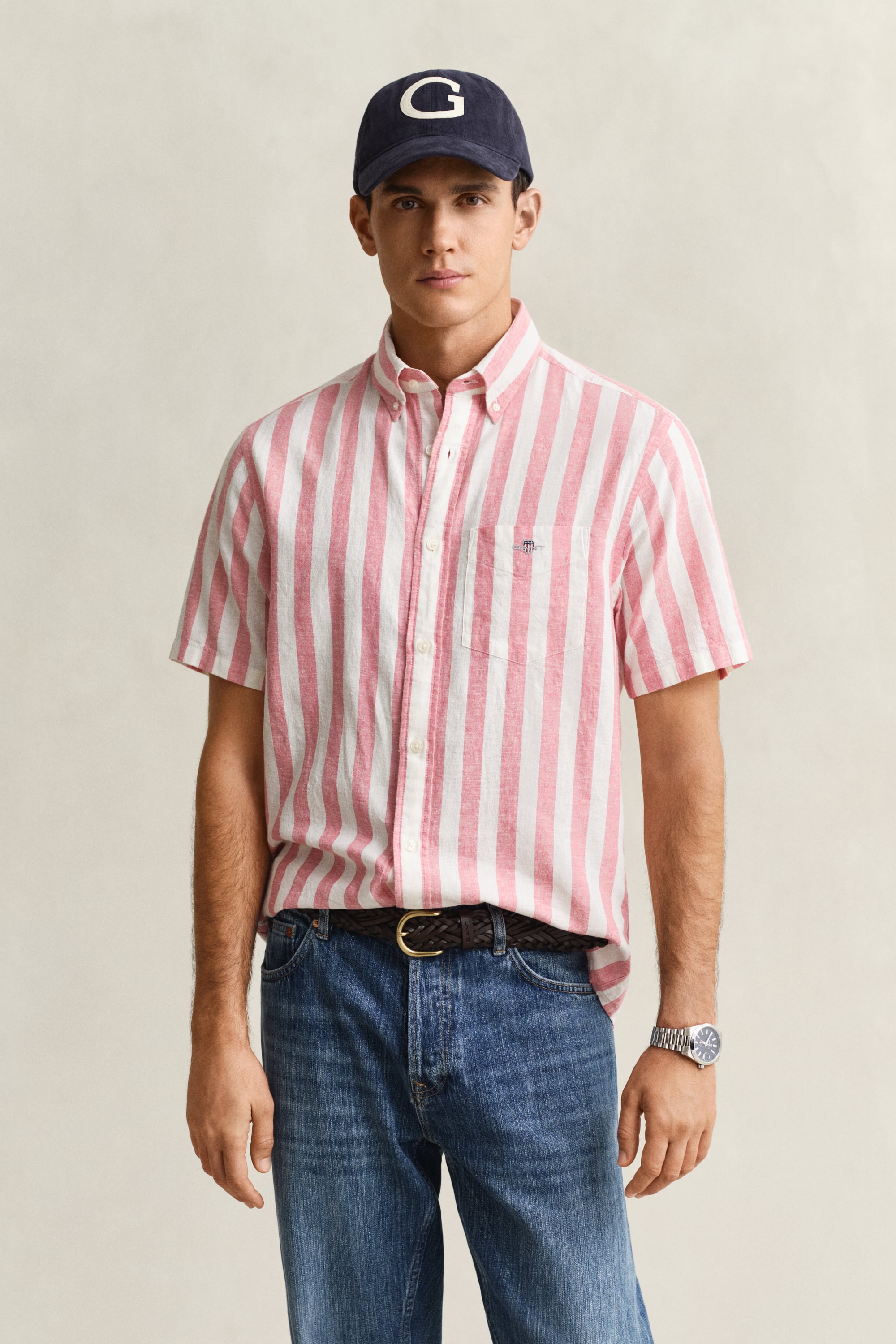Gant Men's Rose Pink Striped Linen Blend Short Sleeve Shirt (L)