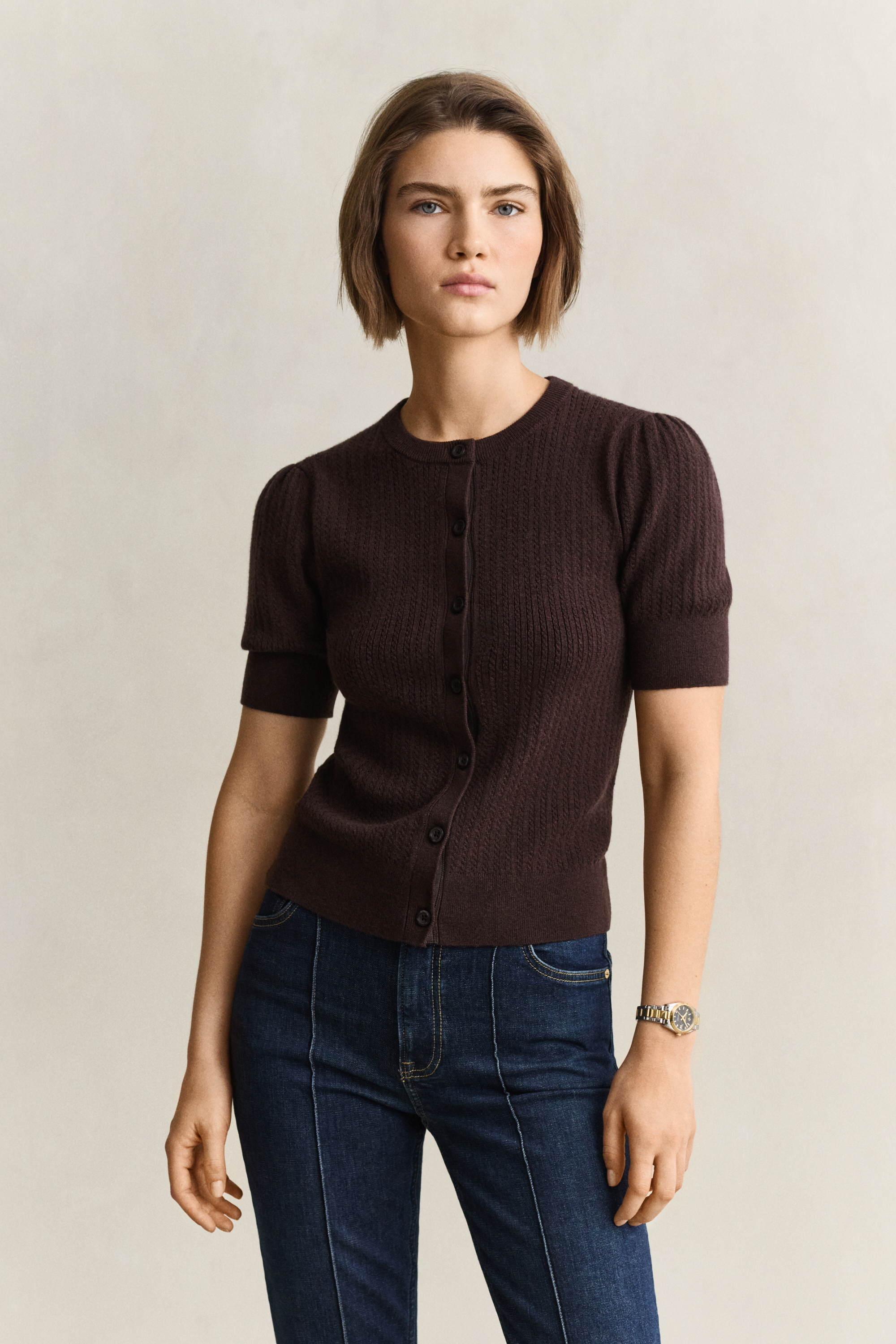 Cable Knit Short Sleeve Cardigan DEEP