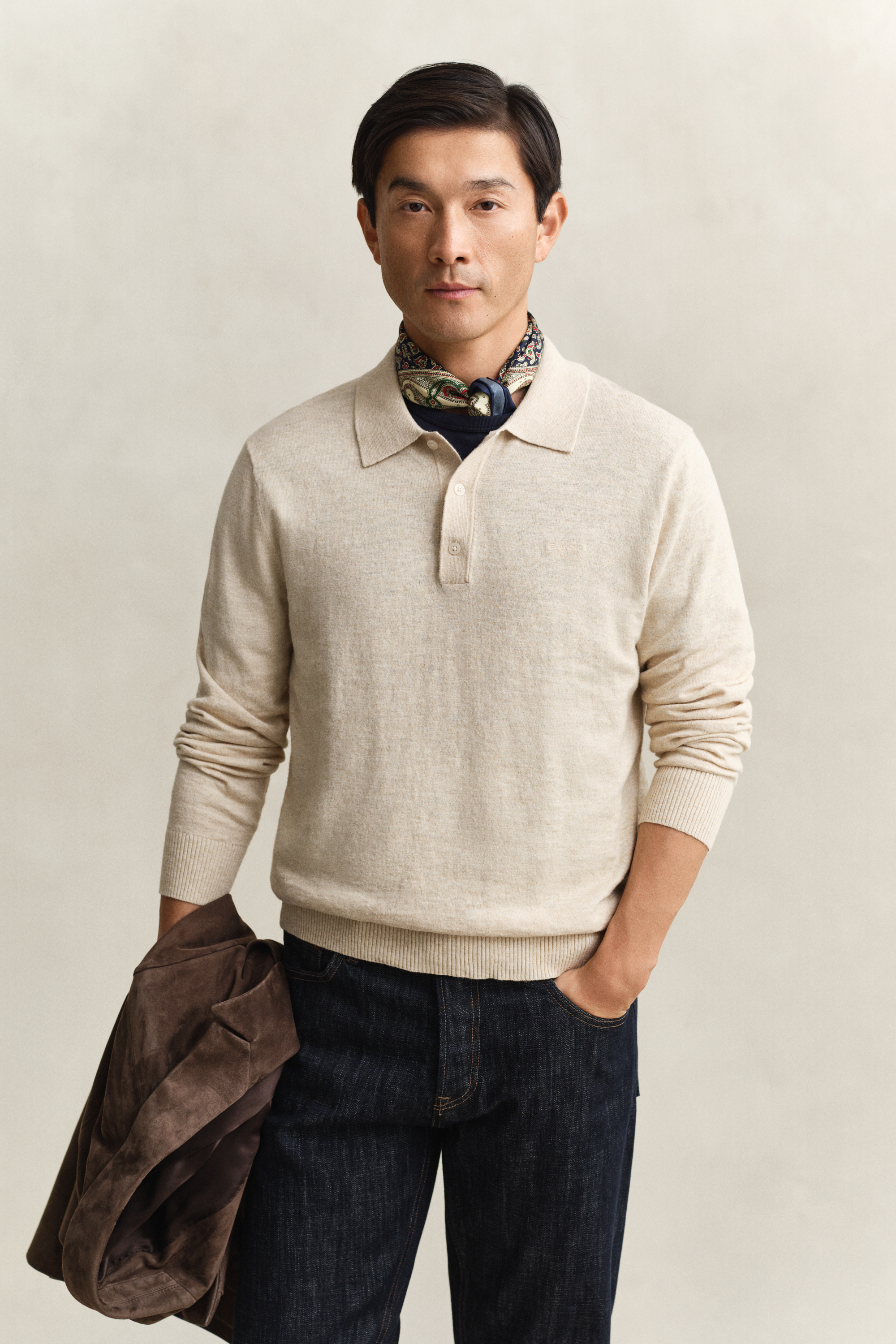 Gant Men's Beige Slub Cotton Blend Polo Sweater (Xxxl) Seed Melange