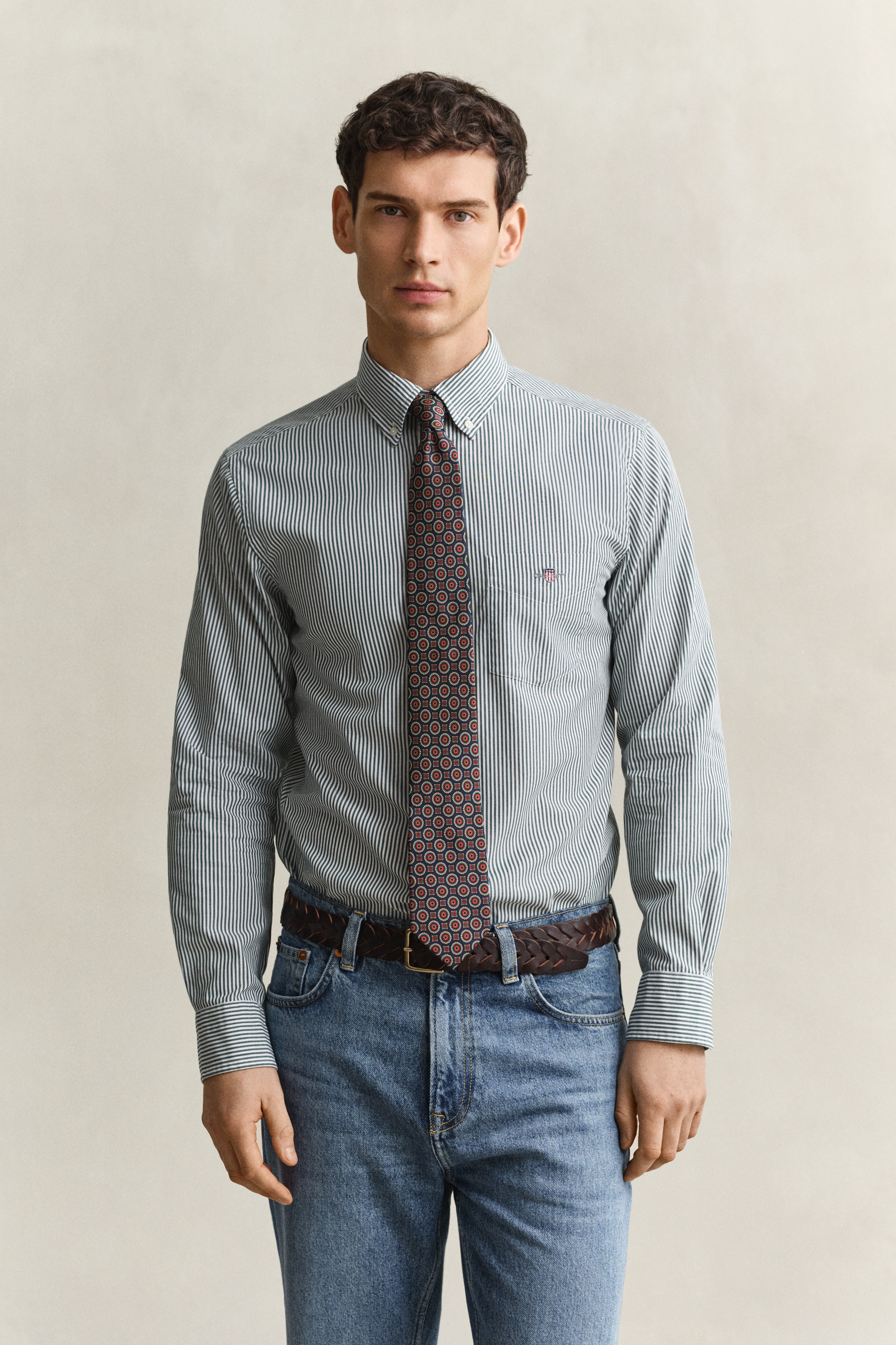 Gant Men's Dark Emerald Banker Stripe Classic Poplin Shirt (L)