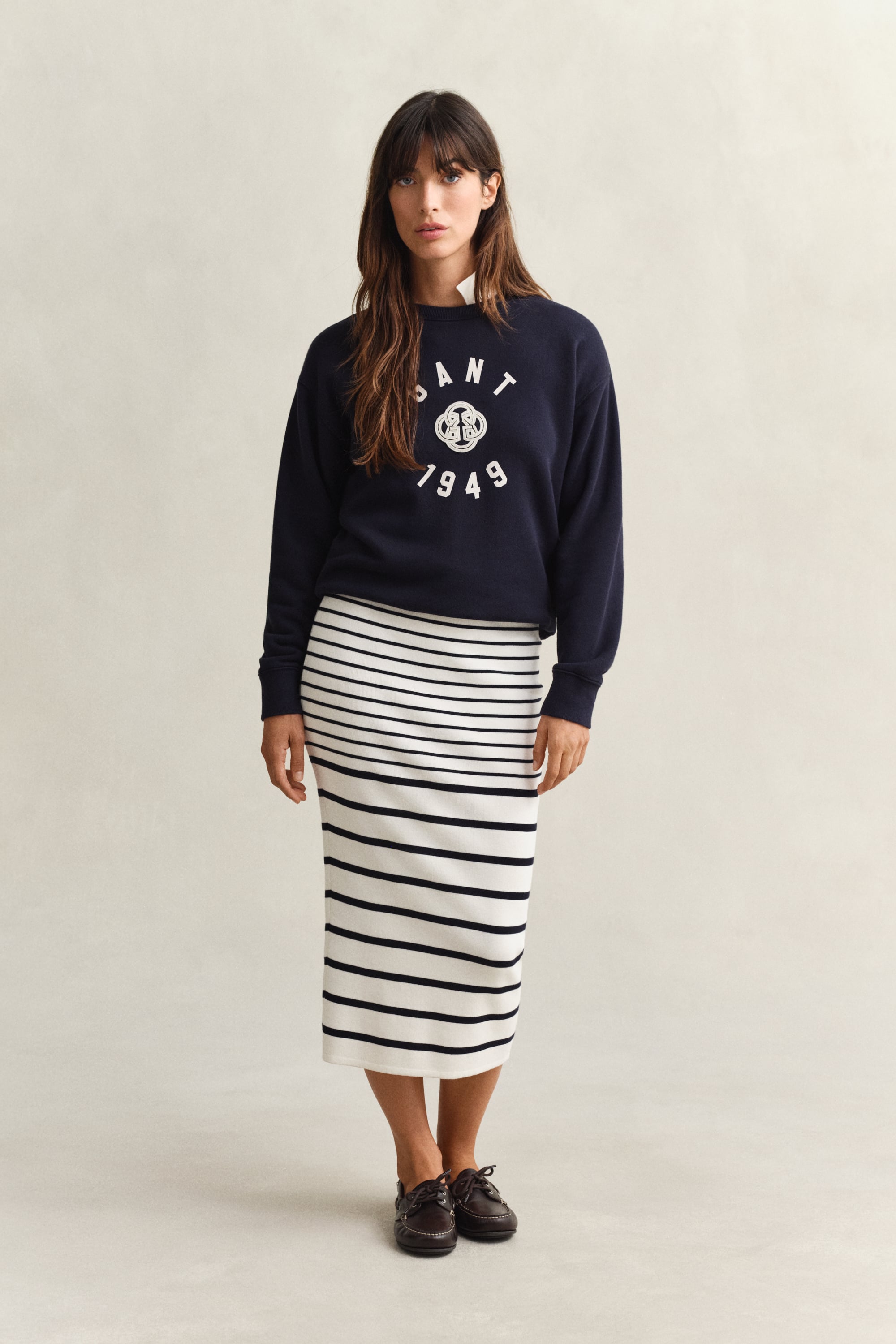 Gant Women's Off White Striped Knitted Pencil Skirt (Xxl) Eggshell