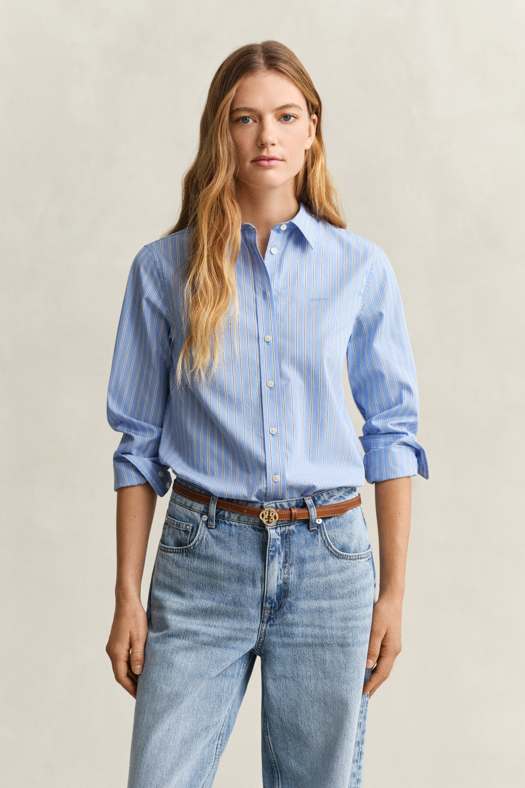 Gant Women's Hydrangea Blue Regular Fit Classic Striped Poplin Shirt (46)