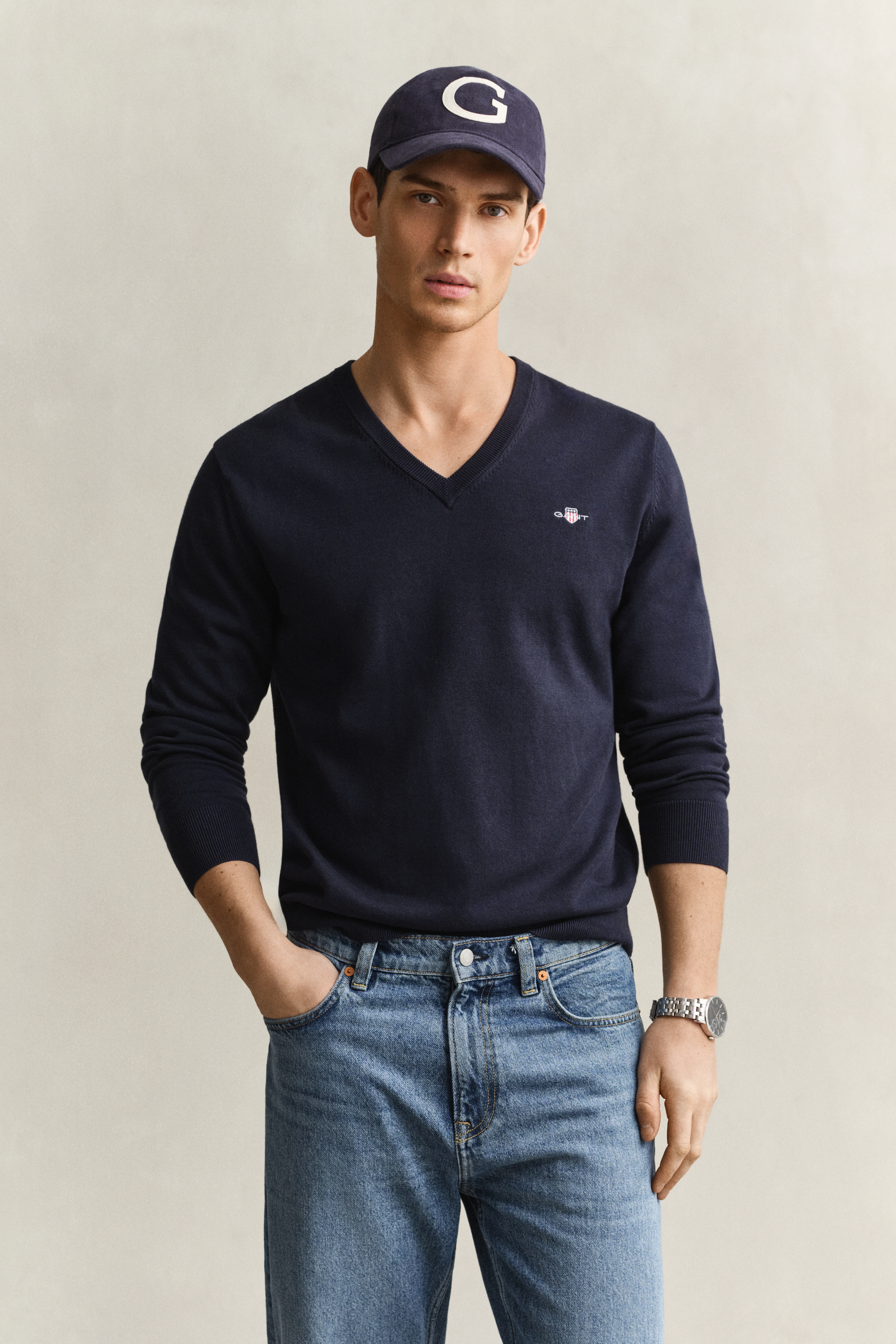 Gant Men's Navy Cotton V-Neck Sweater (4Xl) Evening Blue