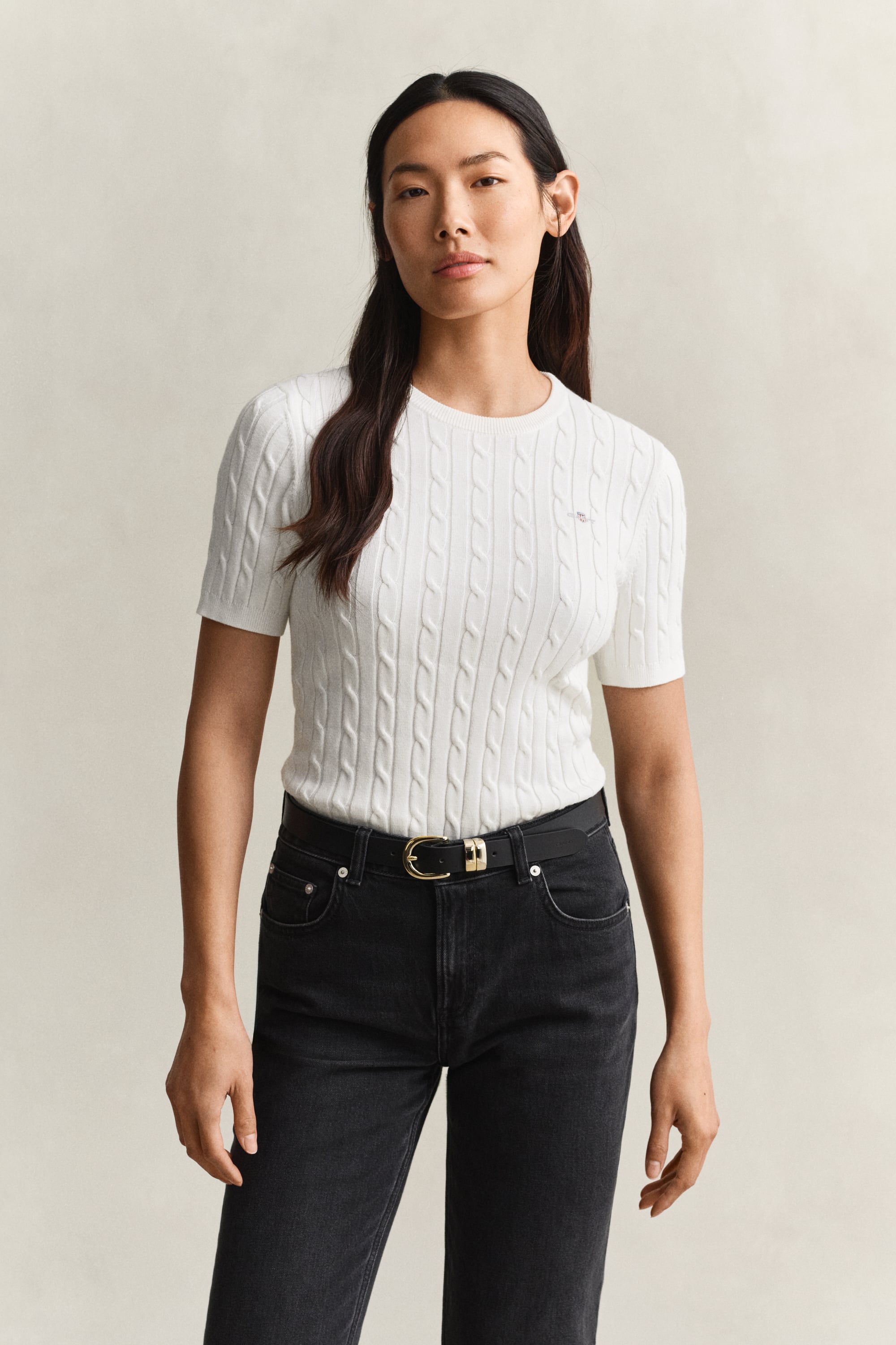 Gant Stretch Cotton Cable Knit Short Sleeve Sweater In White