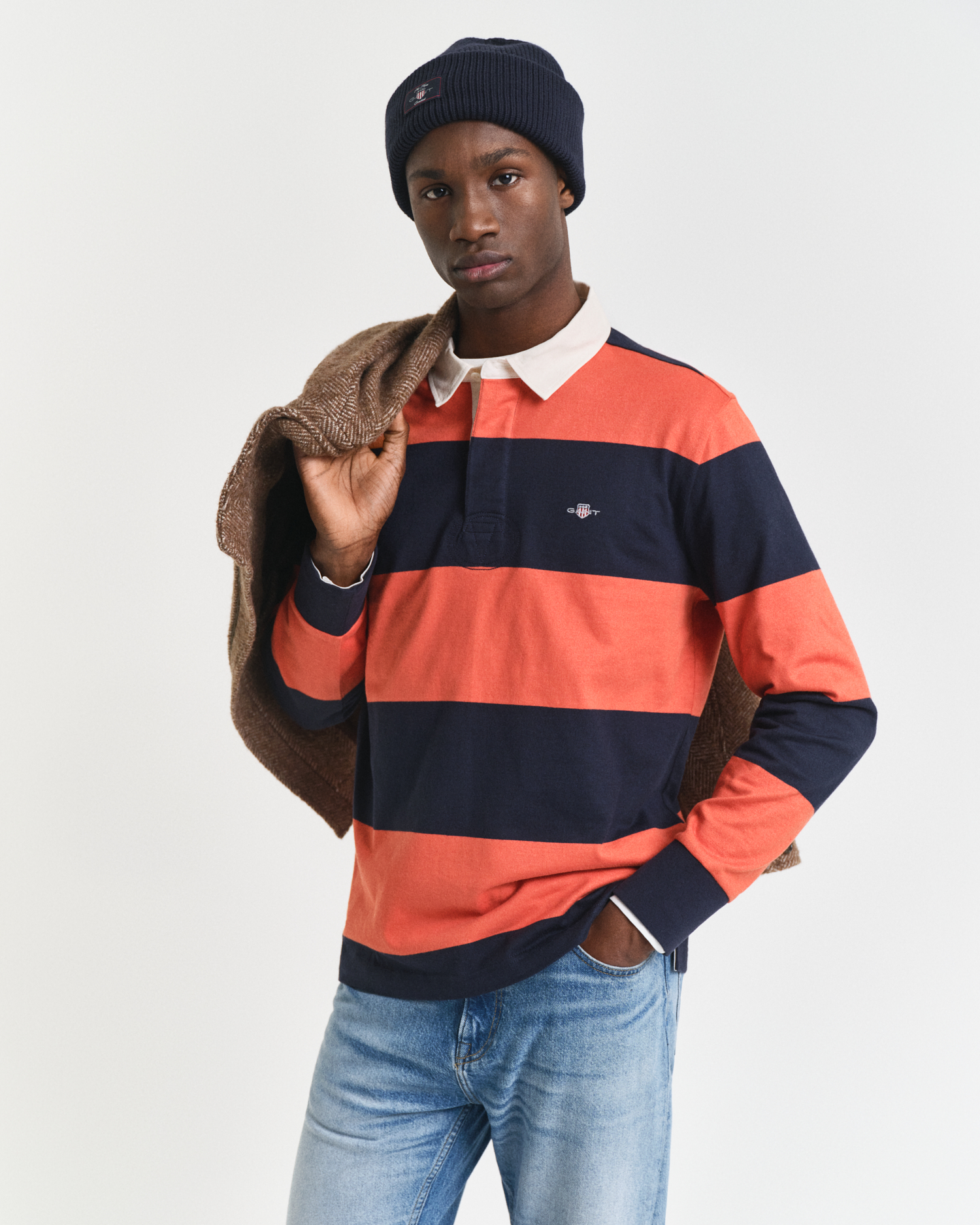 Gant Men's Navy Block Striped Heavy Rugger (Xl) Evening Blue