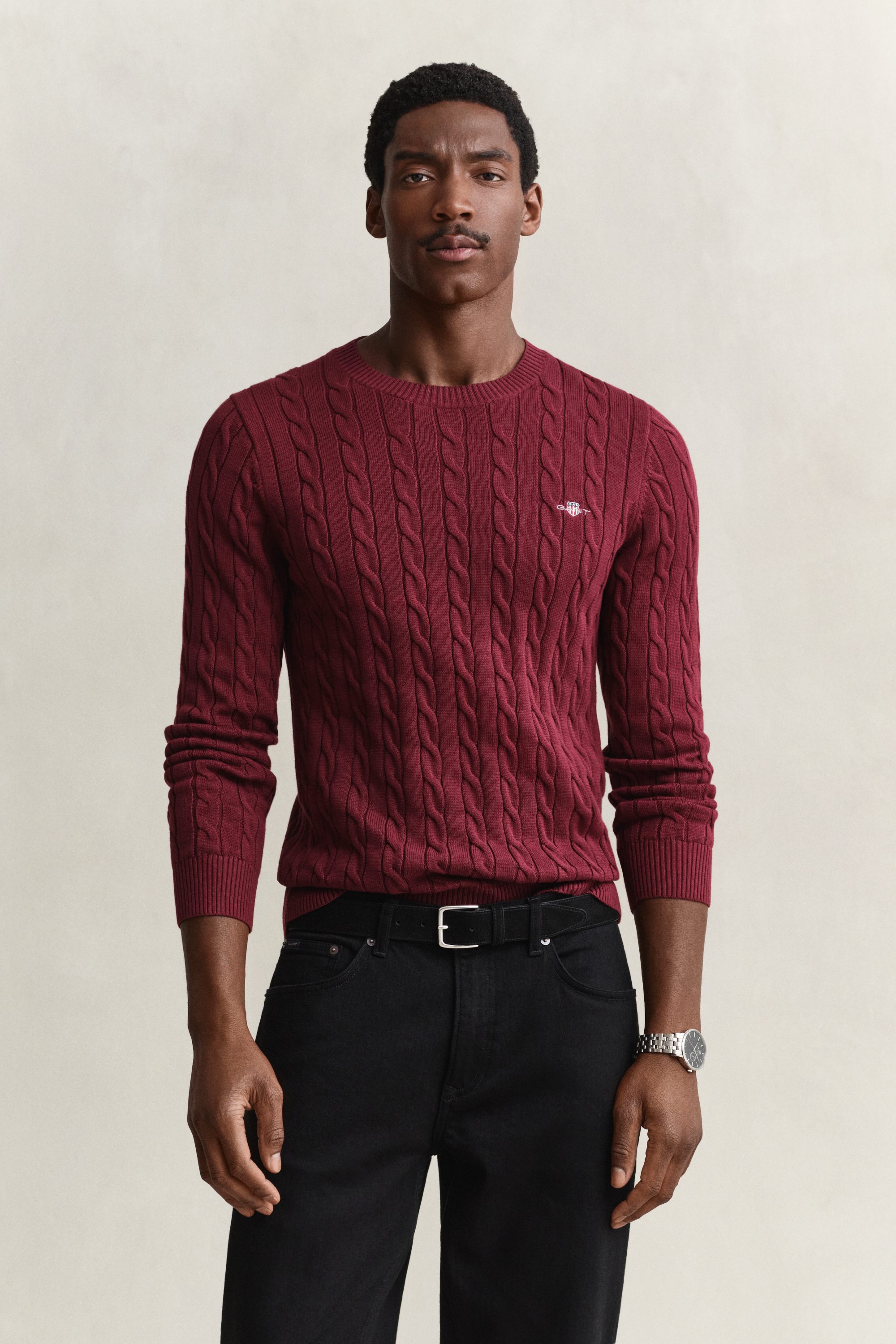 Gant Men's Deep Grape Wine Cotton Cable Knit Crew Neck Sweater (S)