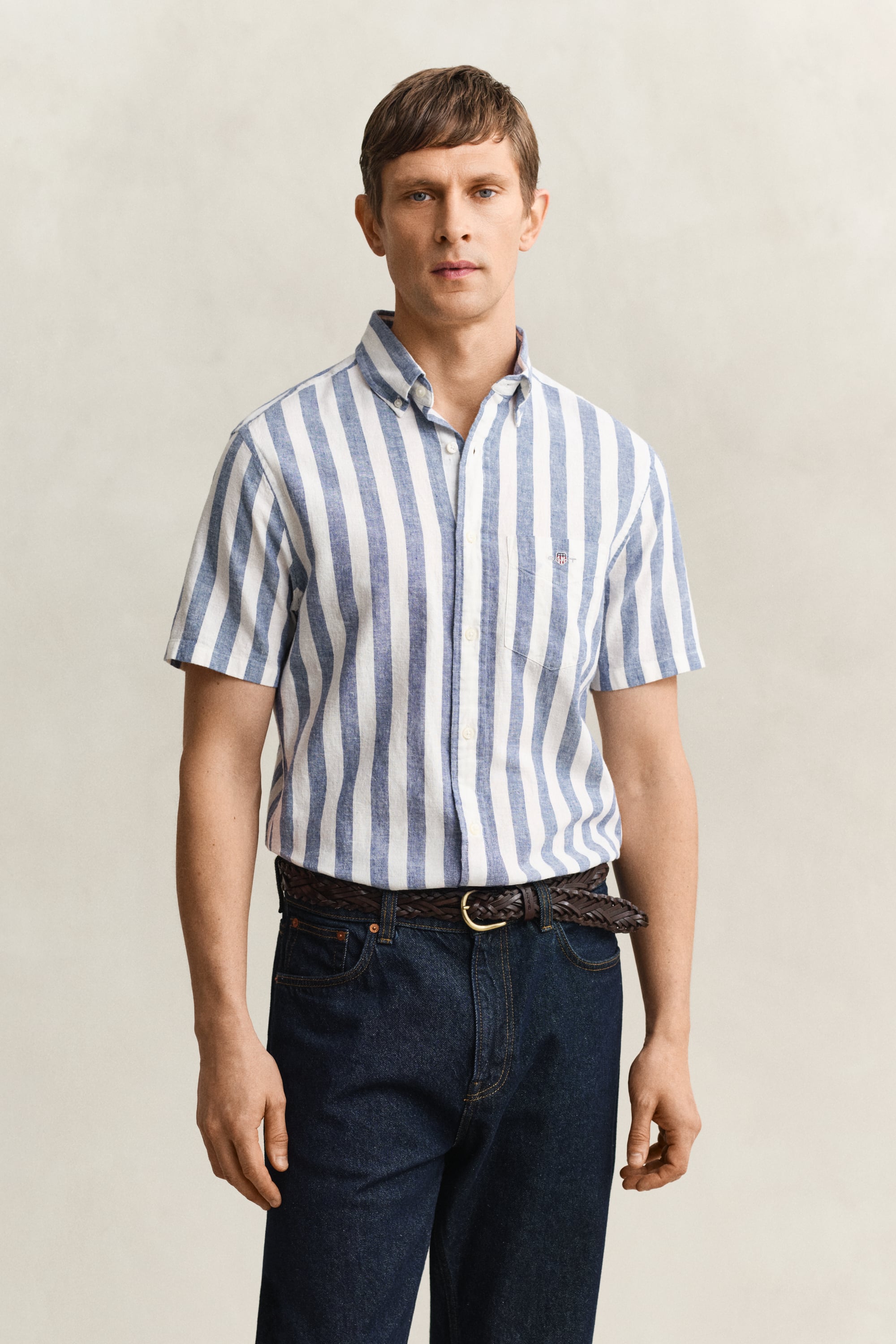Gant Men's Vintage Blue Striped Linen Blend Short Sleeve Shirt (S)