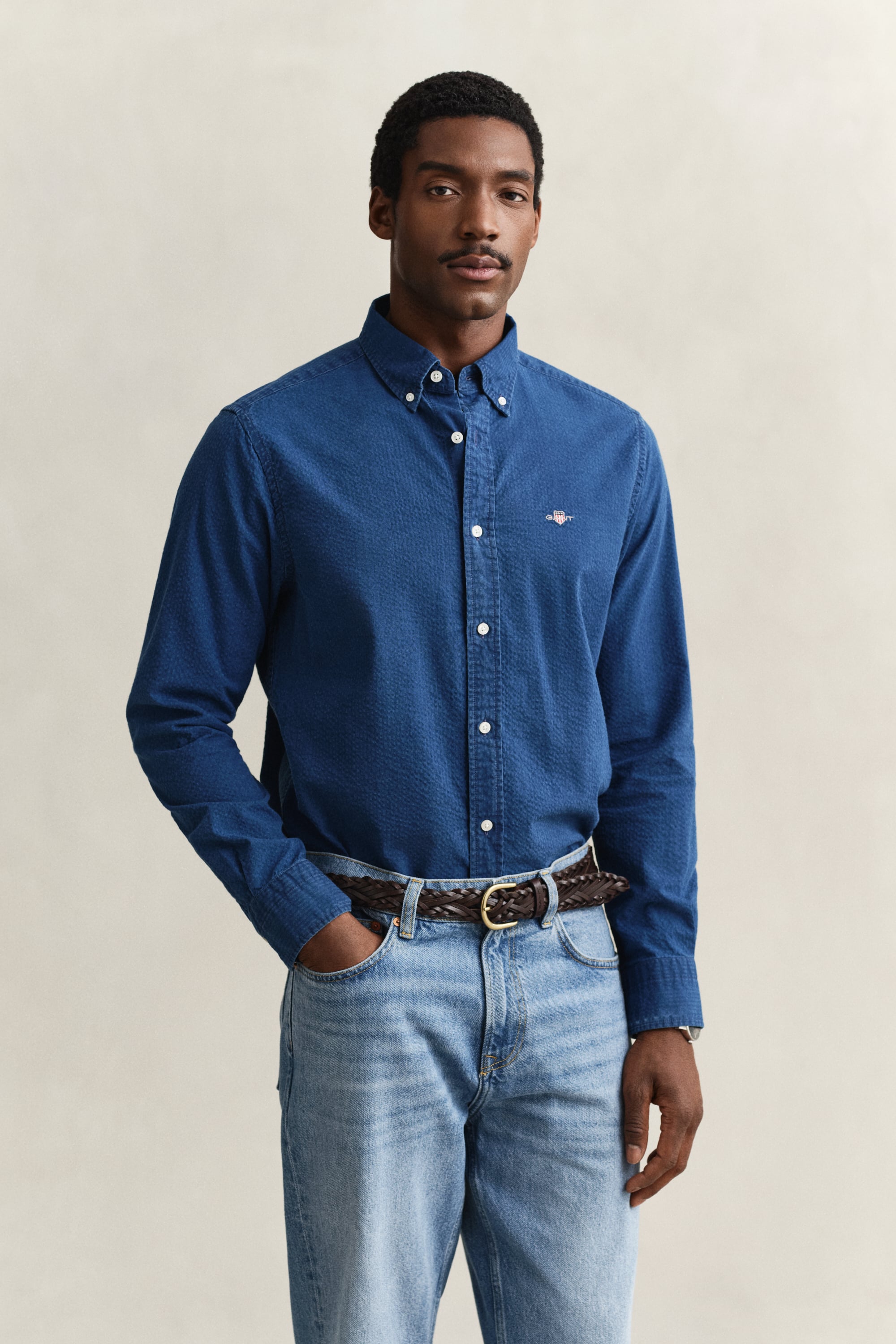 Gant Men's Blue Indigo Seersucker Shirt (Xxl) Dark Indigo
