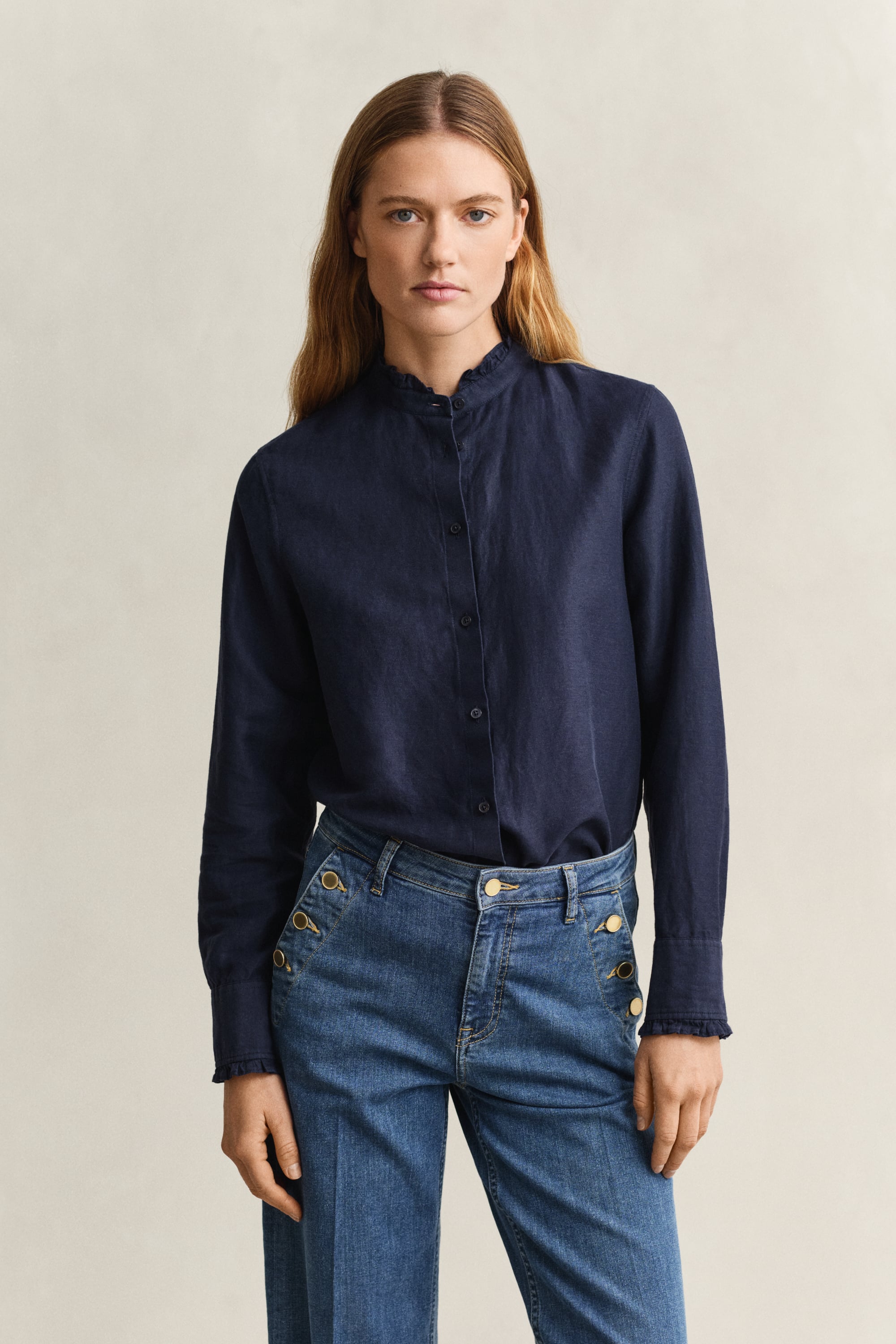 Gant Frilly Linen Blend Blouse In Blue