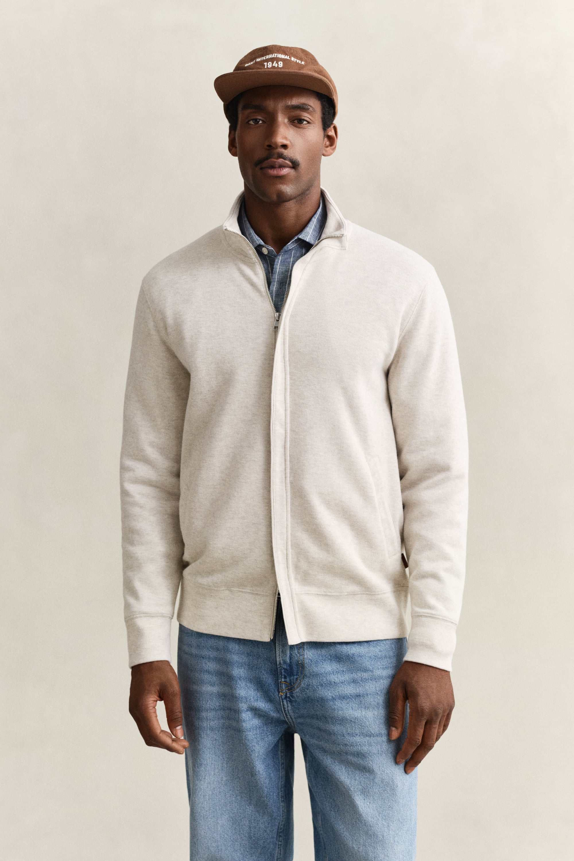 Gant Men's Beige Sacker Rib Zip Sweatshirt (4Xl) Seed Melange