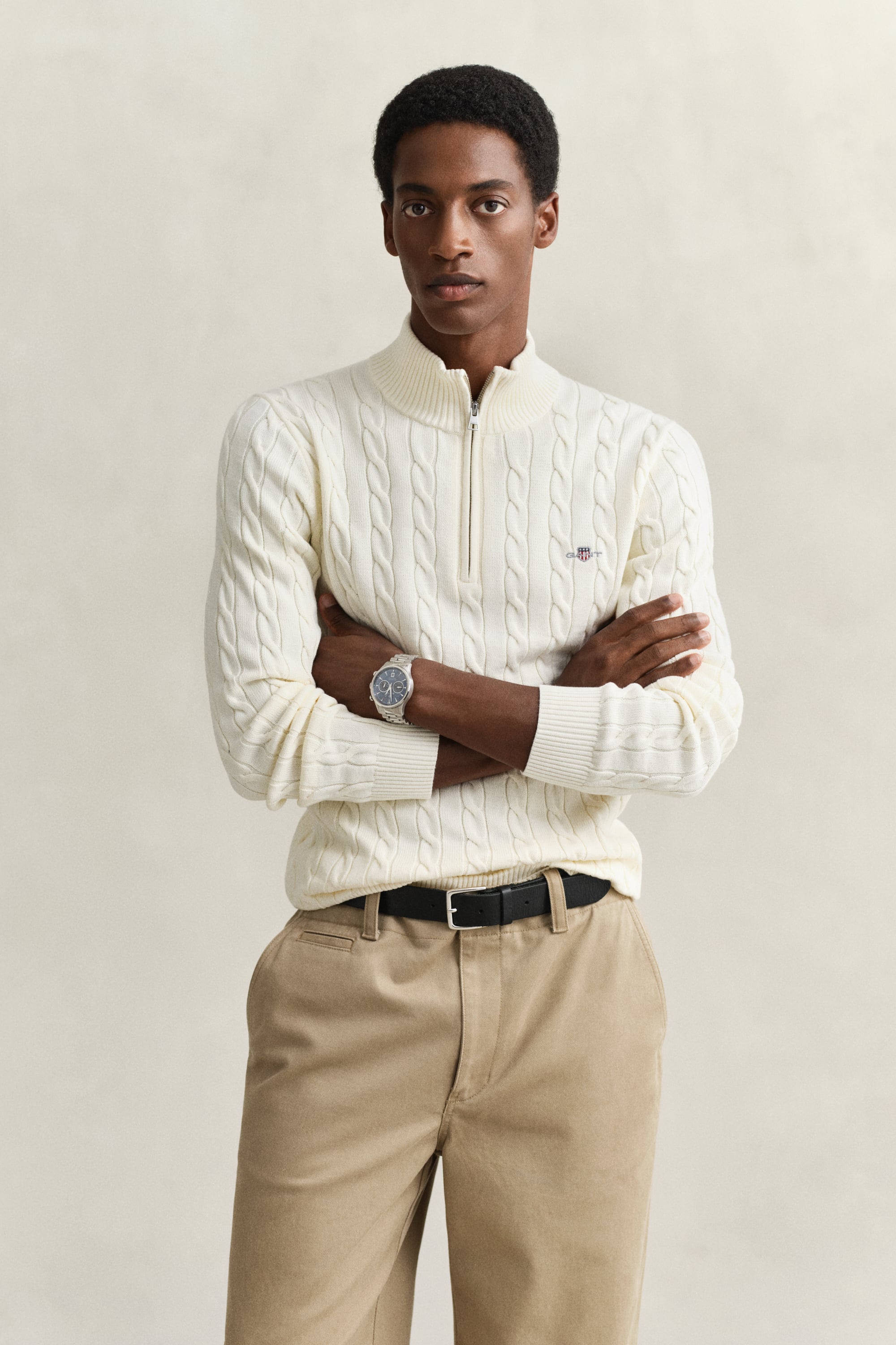 Gant Men's White Cotton Cable Knit Half-Zip Sweater (4Xl) Cream
