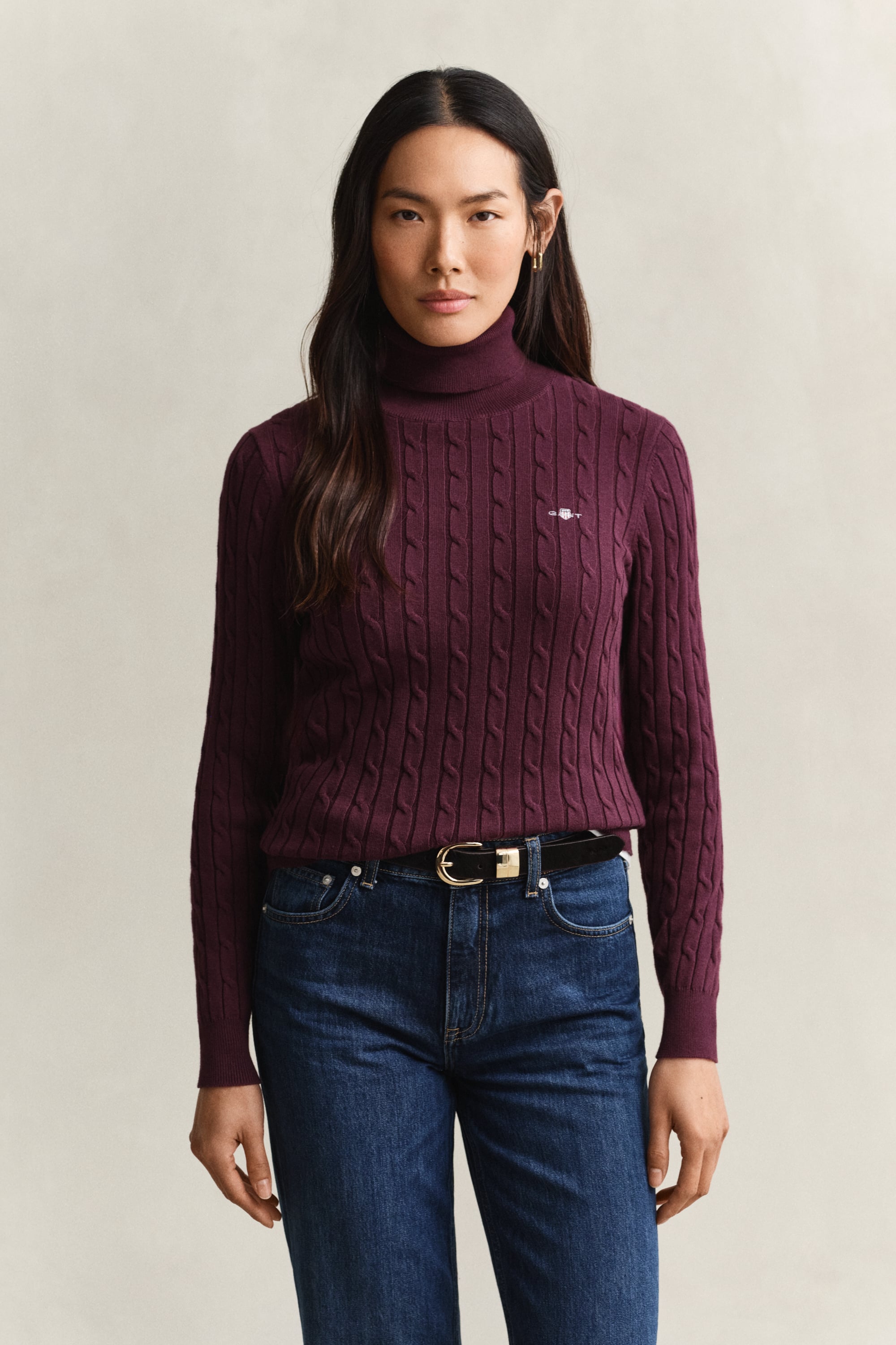 Gant Stretch Cotton Cable Knit Turtleneck Sweater