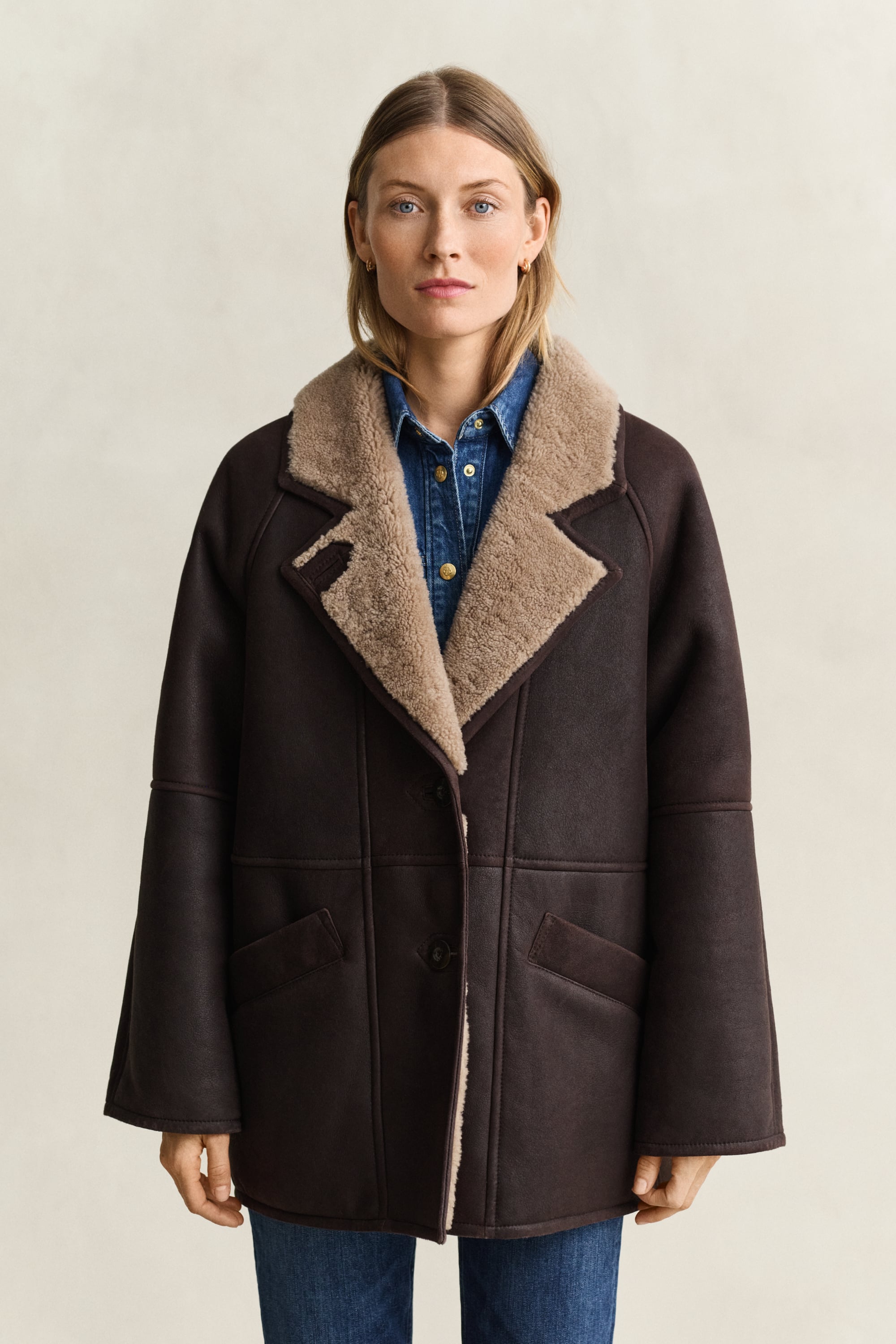 Gant Shearling Jacket In Deep Brown