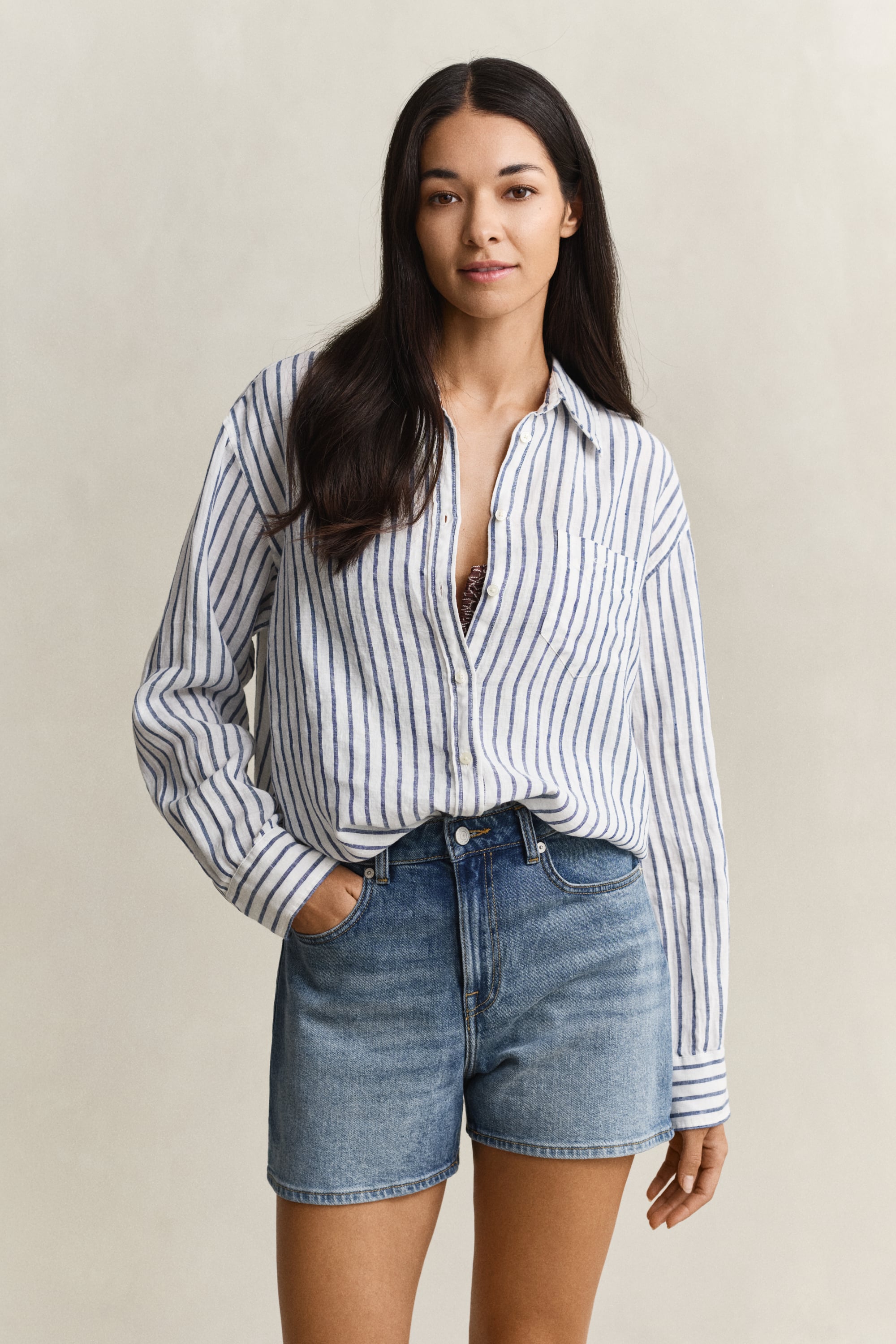 Gant Women's Navy Relaxed Fit Striped Linen Shirt (34) Evening Blue