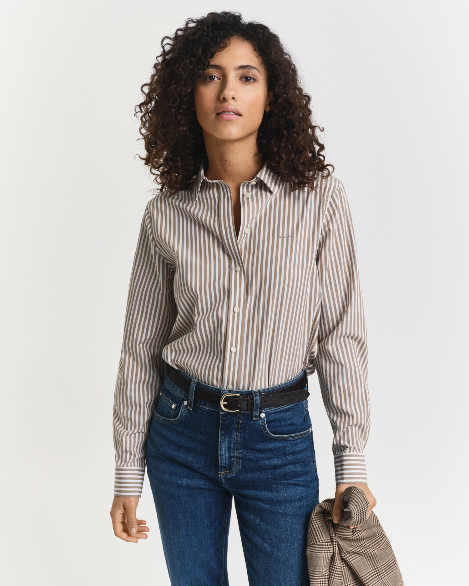 Gant Women's Beige Regular Fit Classic Striped Poplin Shirt (40) Taupe